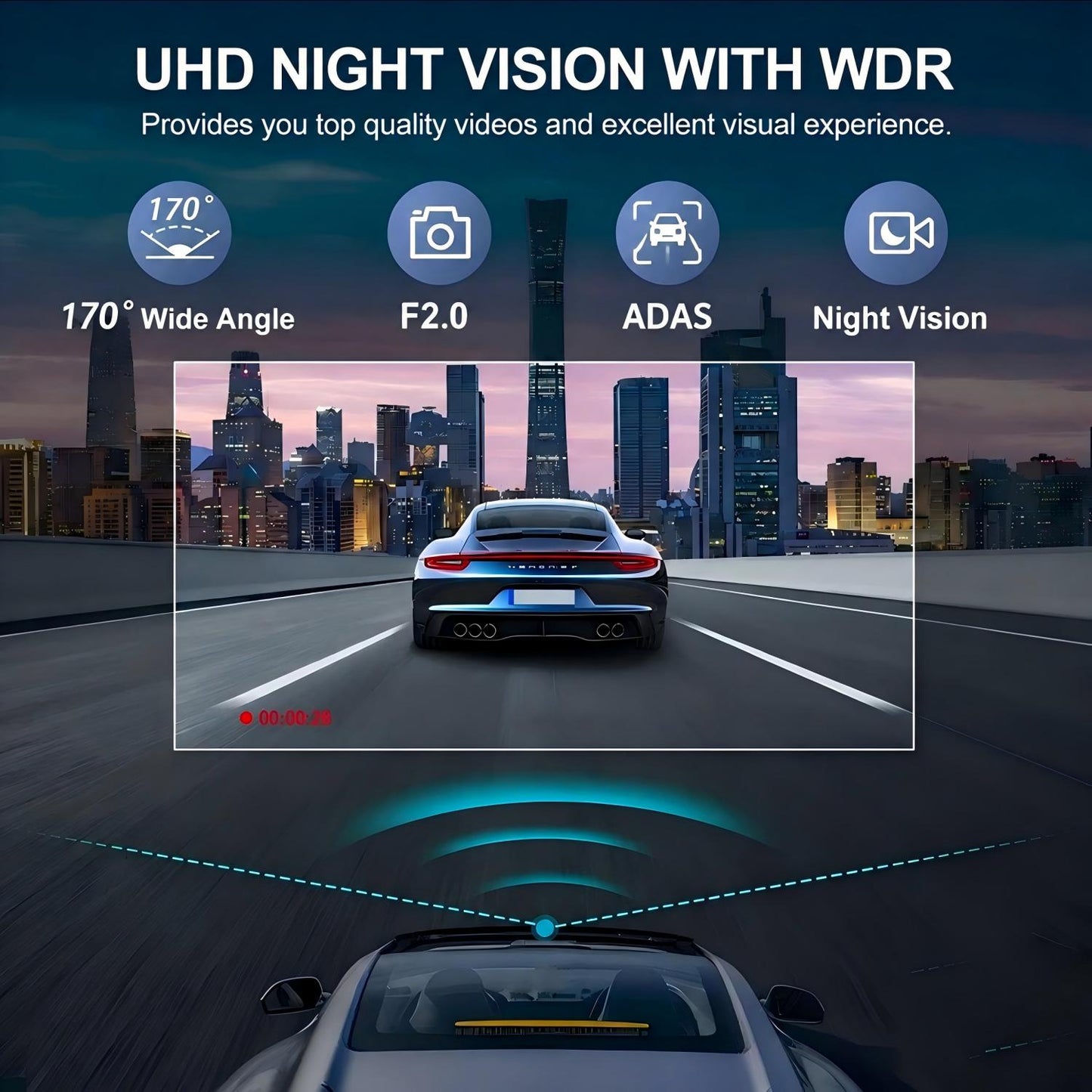 BN-LINK 4K Dual Dash Cam Front and Rear, Free 32GB Card Included, WiFi & ADAS Dash Camera for Cars, 170°Wide Angle, Super Night Vision, Loop Recording, G-Sensor, 24 Hours Parking Monitor