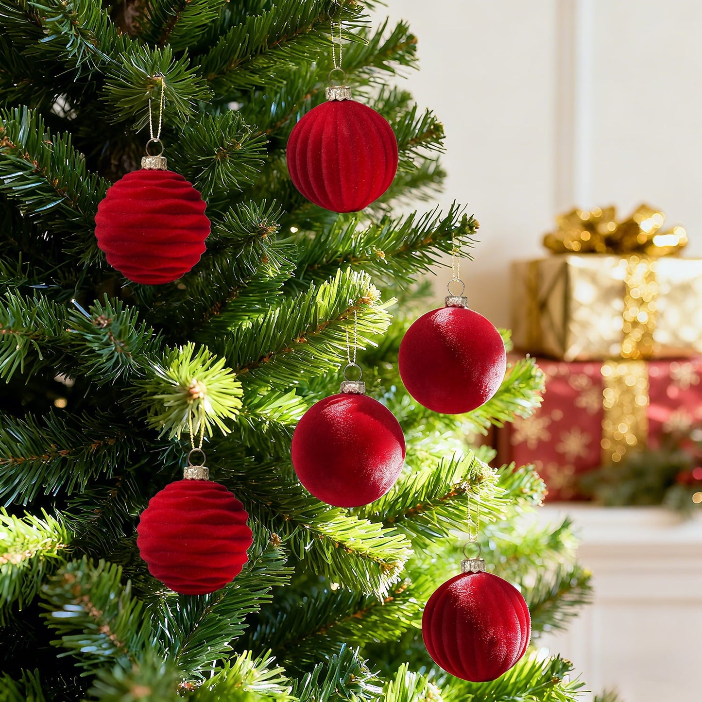 Behome 12 Packs Velvet Christmas Ball Ornaments, 2.36 Inches Flocked Hanging Xmas Balls Decorations for Xmas Tree, Holiday, Wedding, Party