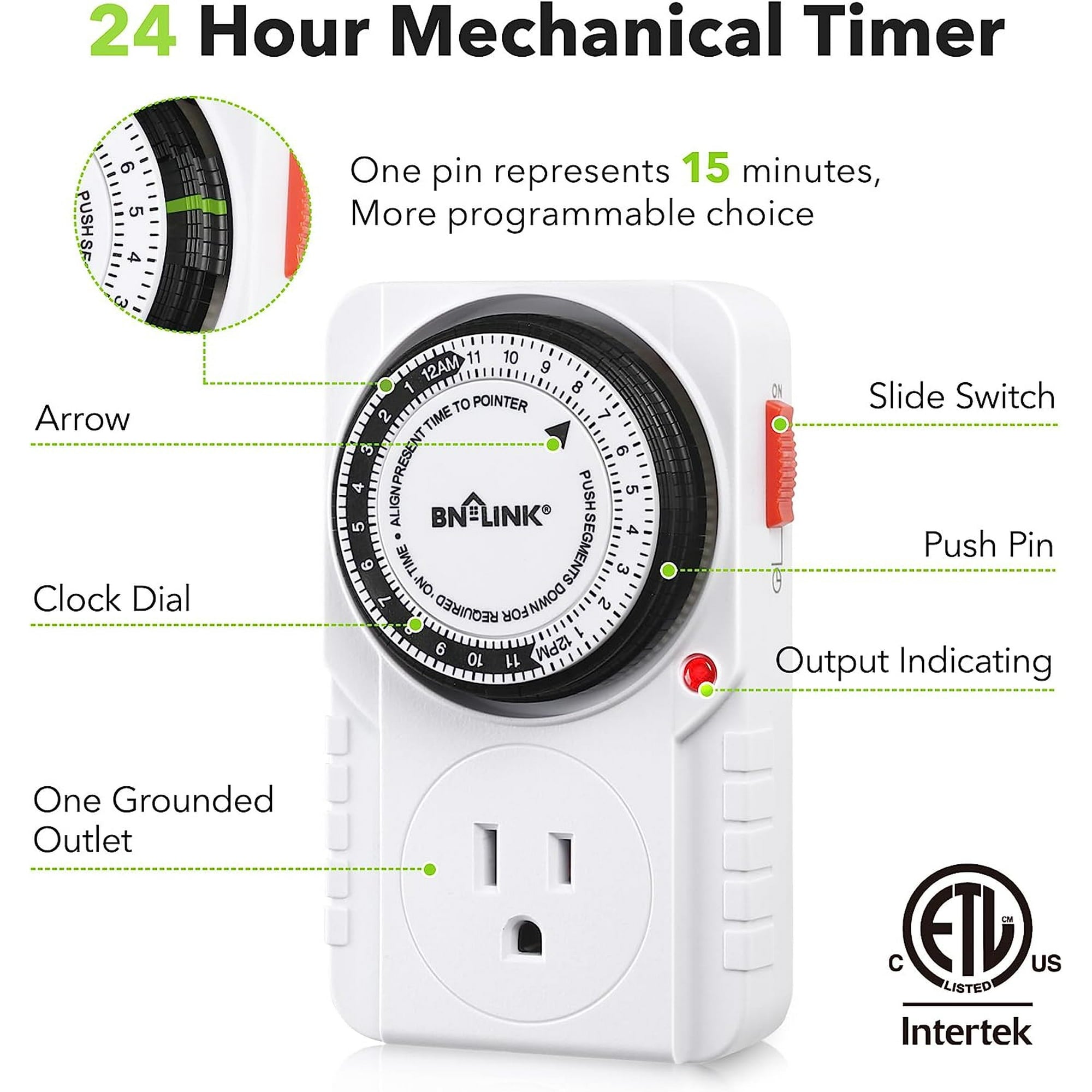 BN-LINK 24 Hour Plug-in Mechanical Timer Outlet, 3 Prong Light Timer, for Grounded Aquarium, Grow Light, Hydroponics, Pets, UL Listed