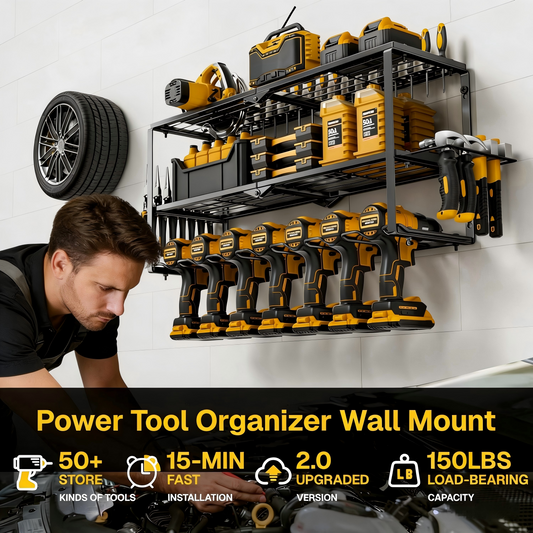BN-LINK 3-Layer Power Tool Organizer, Heavy Duty 7-Slot Foldable Wall Mount Tool Holder, Garage Storage Rack with Cordless Drill Holder & Battery Shelf, for Workshop, Shed, Pegboard