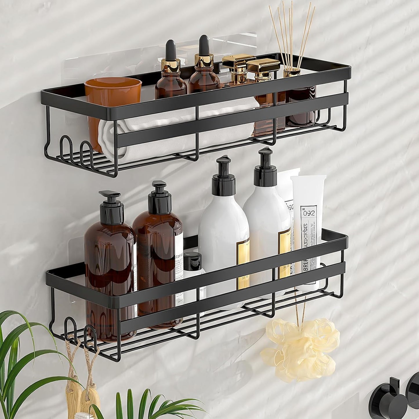 BN-LINK Shower Caddy, 2 pack Adhesive Shower Organizer Shower Rack with 8 Hooks, Shower Shelves Storage Bathroom Organizers and Storage, Black