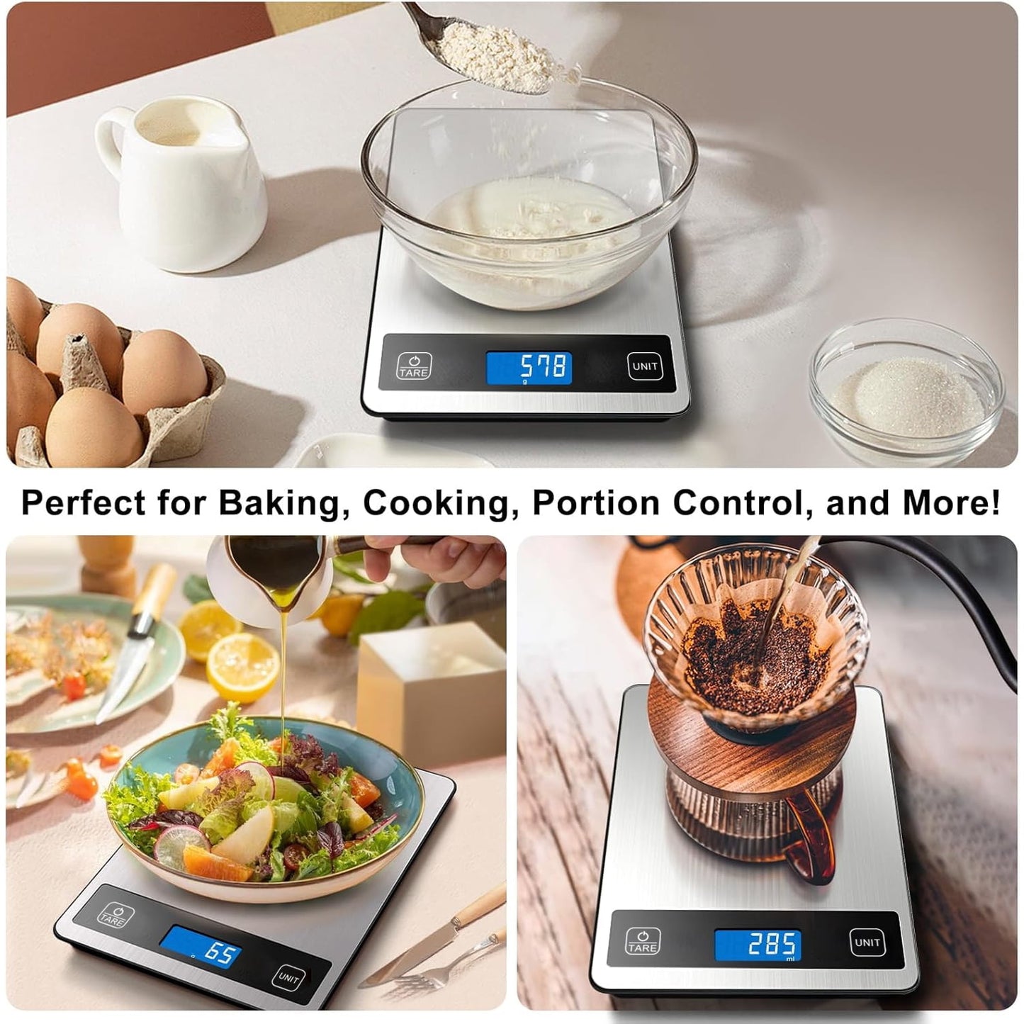 Behome Food Scale, Digital Kitchen Scales 10kg/22lb with Large LCD Display, Food Weighing Scales for Baking, Weight Loss, Calorie Counting, 5 Units Conversion, Silver