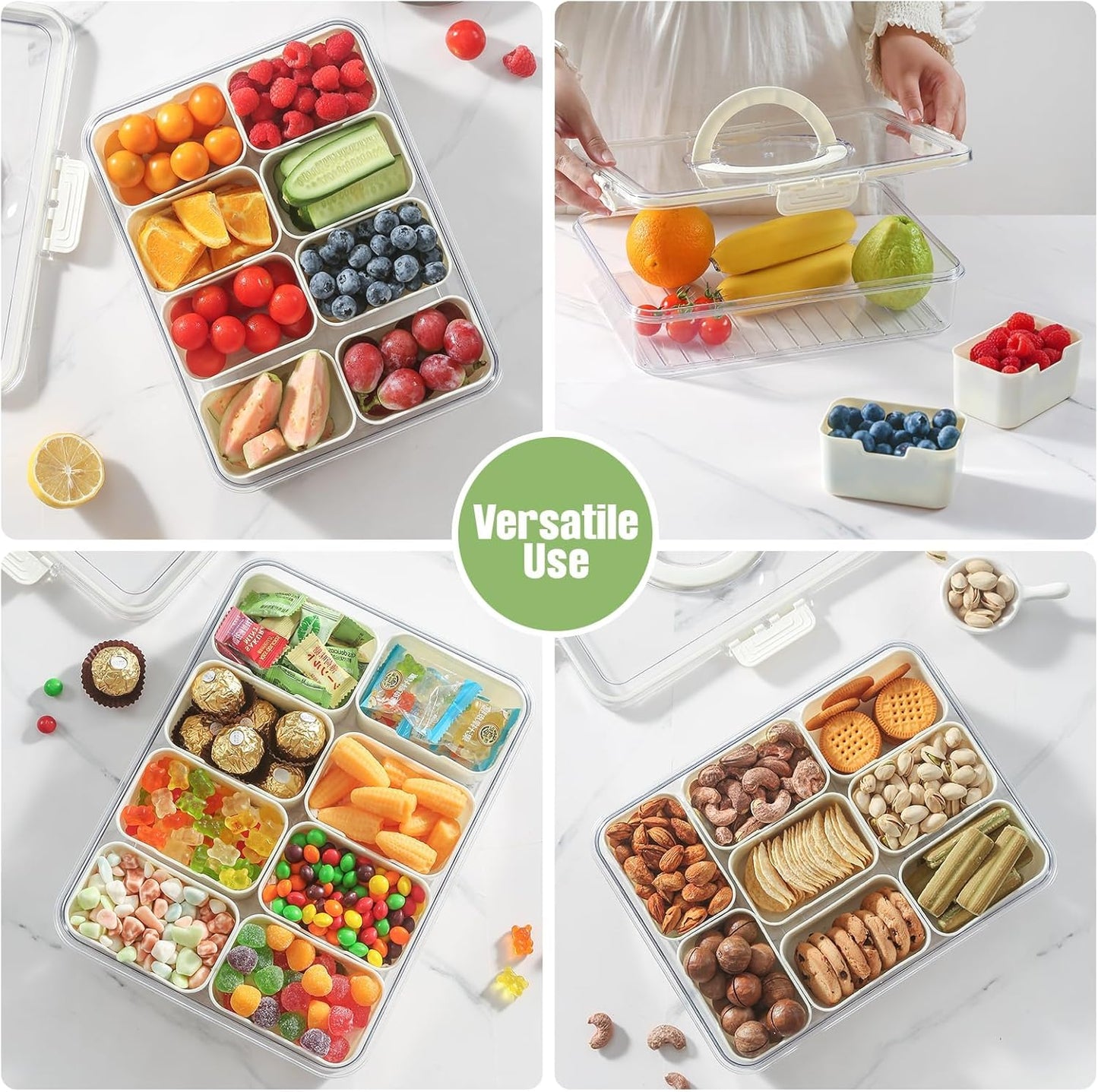 Behome Snackle Box Container, 8 Compartments Divided Serving Tray with Lid and Handle, Portable Food Storage Box, Snack Organizer for Candy, Fruits, Snacks, Nuts
