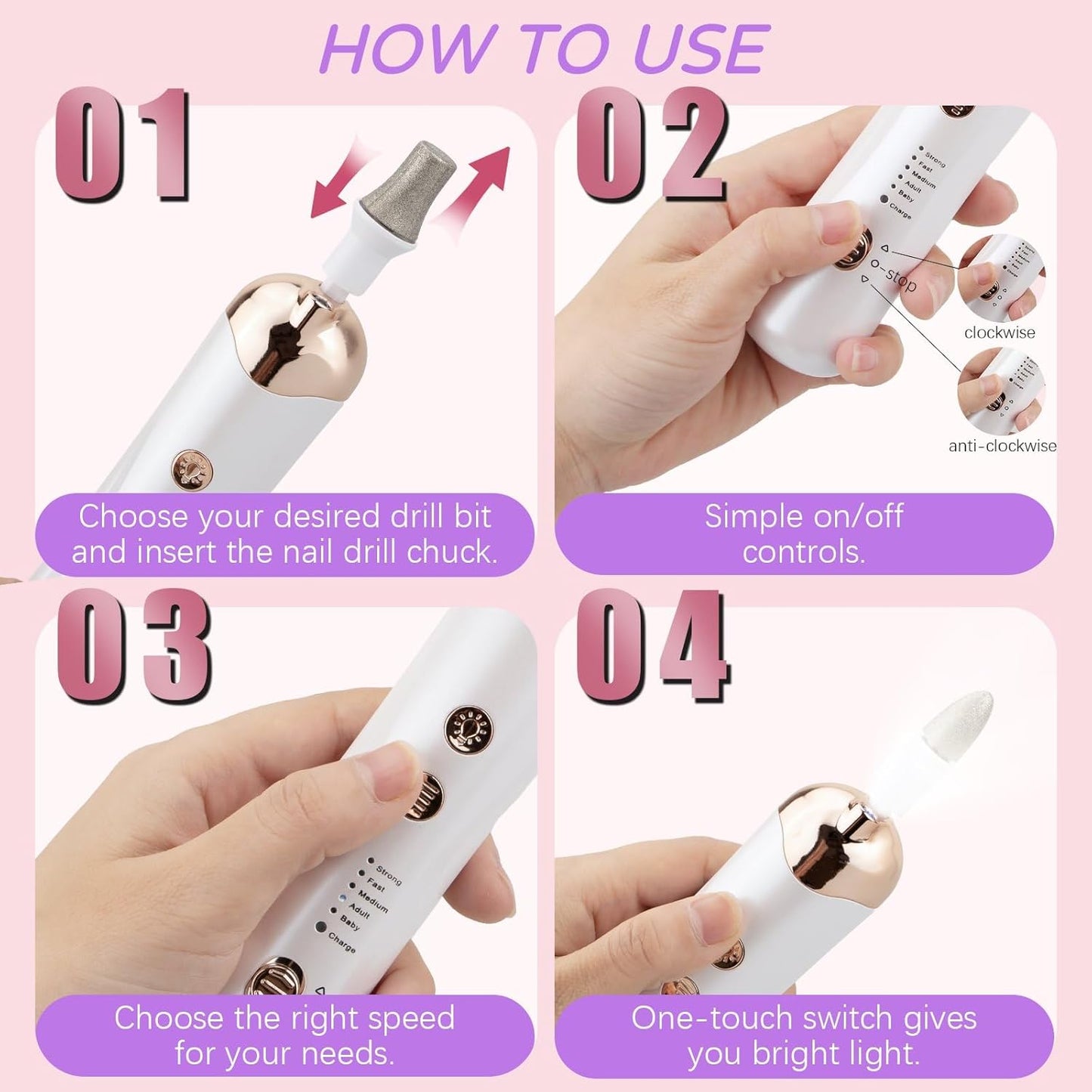 Behome Electric Nail File with 5 Speeds, 8 in 1 Rechargeable Professional Nail File Set, Manicure Pedicure Polishing Tool Kit for Manicure Salon Home, White