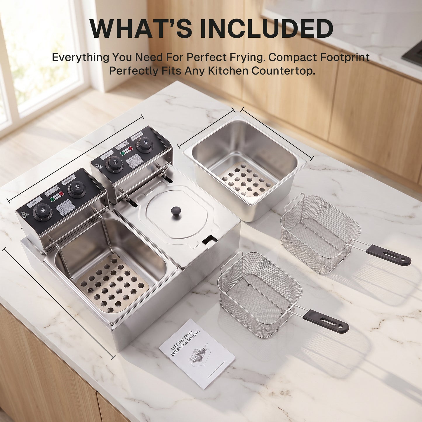 Behome Deep Fryer with 2 Baskets, 3000W 6.34QT/6L x 2 Thickened Stainless Steel Countertop Electric Oil Fryer, Easy Clean with Adjustable Temperature & Timer, Silver