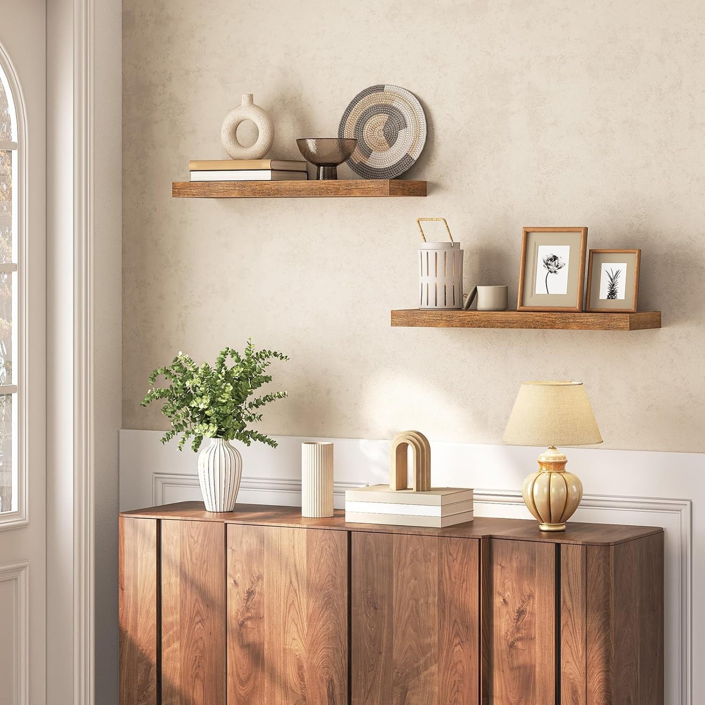 Behome 2 Pack Floating Shelves for Wall, 15.7" Farmhouse Rustic Wood Wall Mounted Shelves, Heavy Duty Hanging Shelf for Bathroom, Bedroom, Living Room or Kitchen