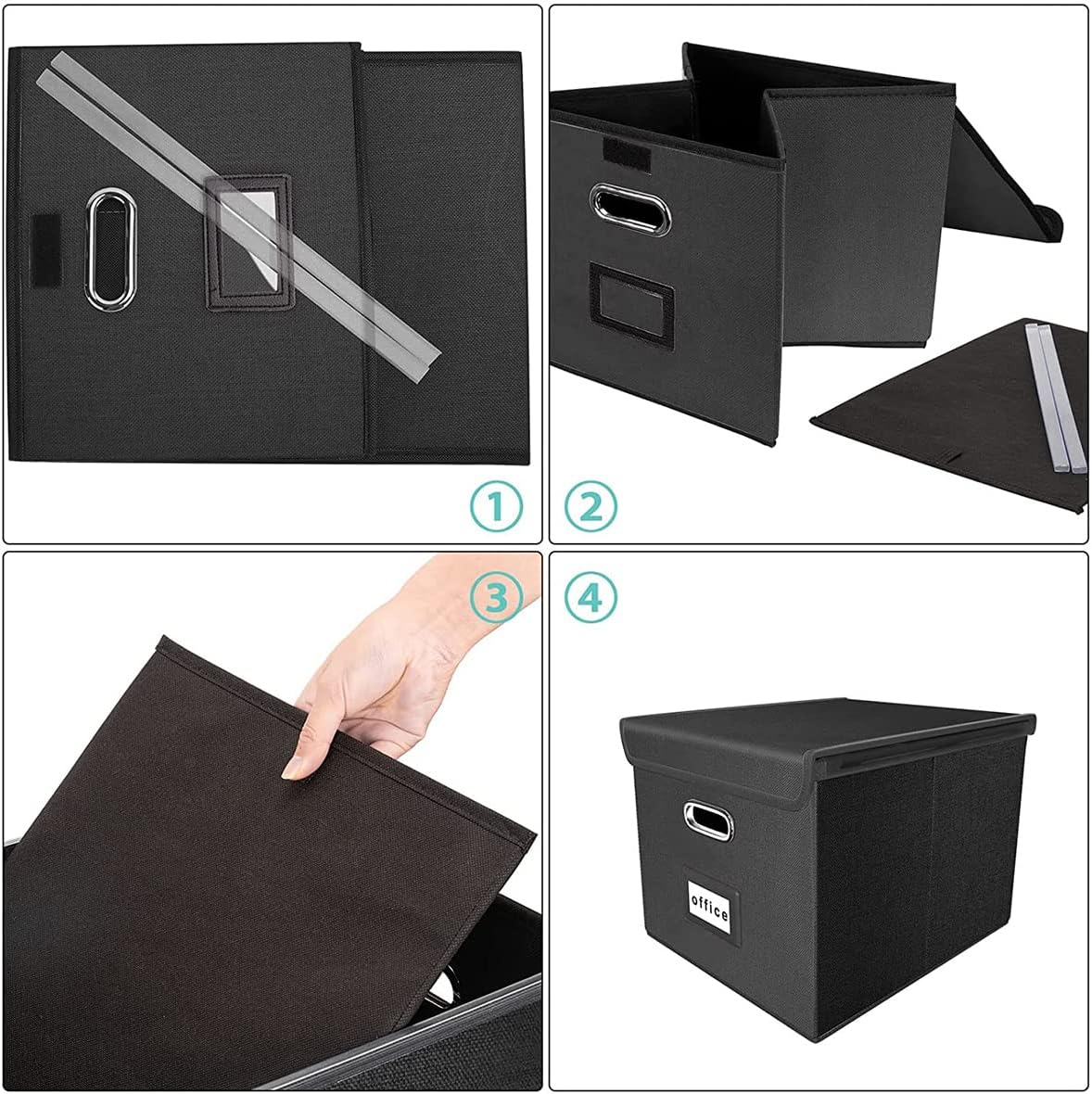Behome File Box, Foldable File Organiser Box with Lid, Foldable Fabric Hanging Filing Box with Plastic Slide for Home Storage Office Filing, Black