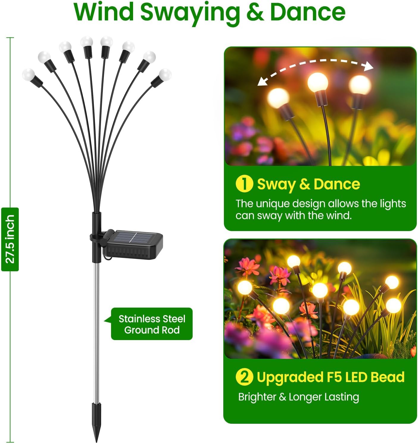 BN-LINK 4 Pack Solar Garden Lights, Auto On/Off 32 LED Solar Swaying Lights Outdoor Waterproof, Firefly Light for Outside Yard Pathway Landscape Decorations (Warm White)