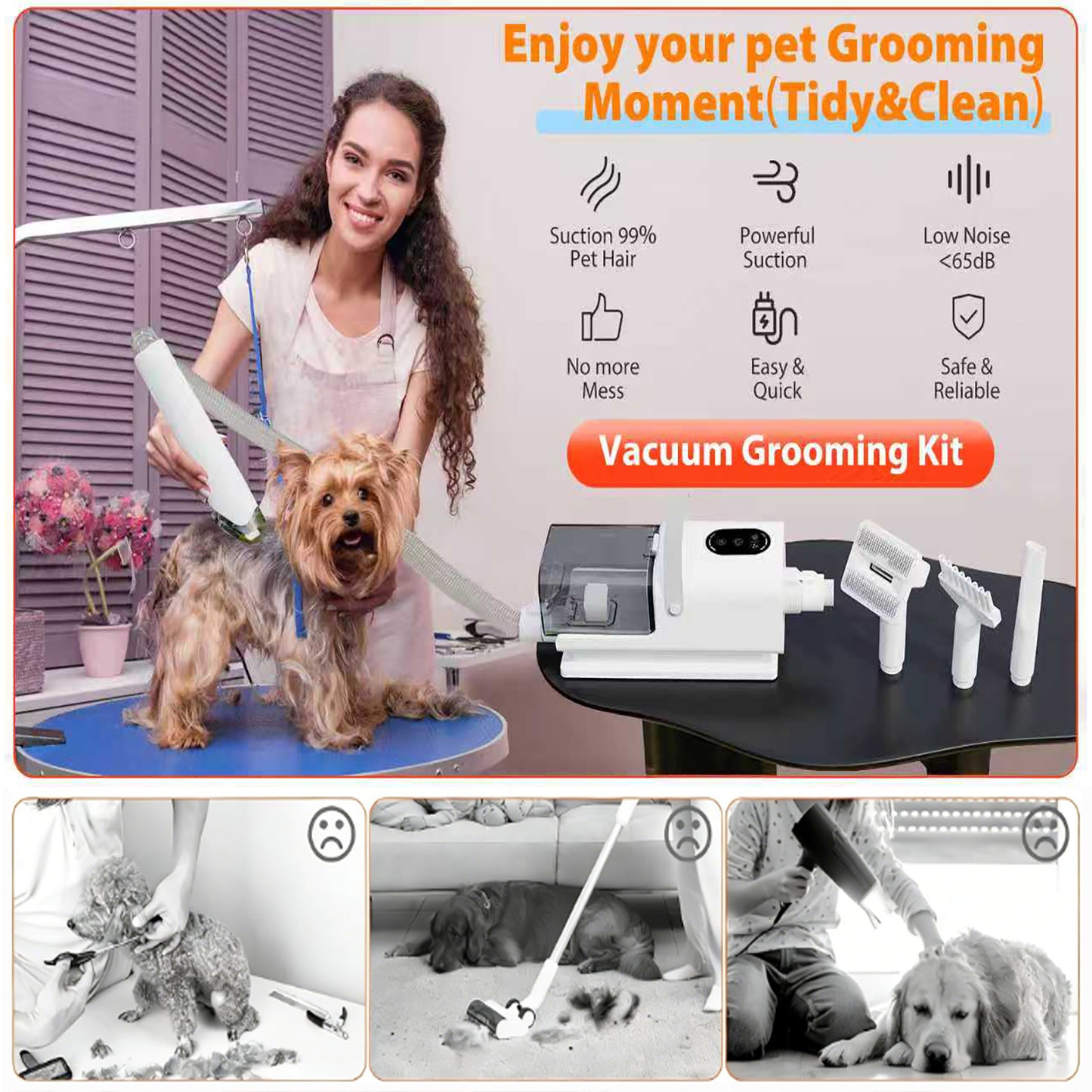 Behome Dog Grooming Vacuum, 8 in 1 Dog Grooming Kit, Pet Grooming Vacuum for Dogs with 3 Modes, 2.2L Dust Cup for Shedding Pet Hair, Home Cleaning