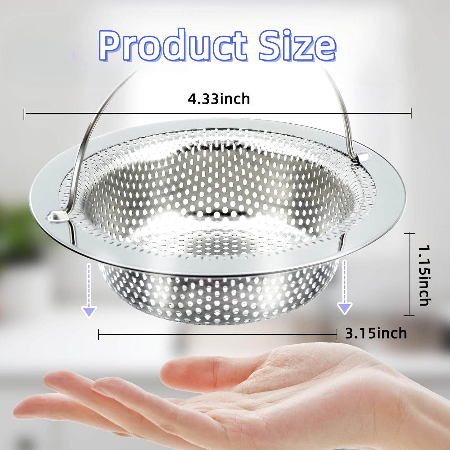 Behome 2 Pack Kitchen Sink Strainer, Stainless Steel Sink Drain Strainer with Handle, Suitable for Most Sink Drains, Anti Clogging, Silver