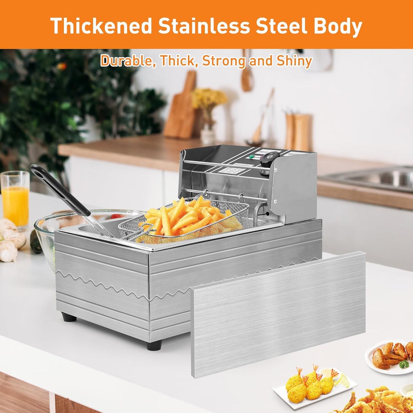 BN-LINK Deep Fryer with Basket, 2500W 6.34QT/6L Thickened Stainless Steel Countertop Electric Oil Fryer, with Adjustable Temperature & Timer