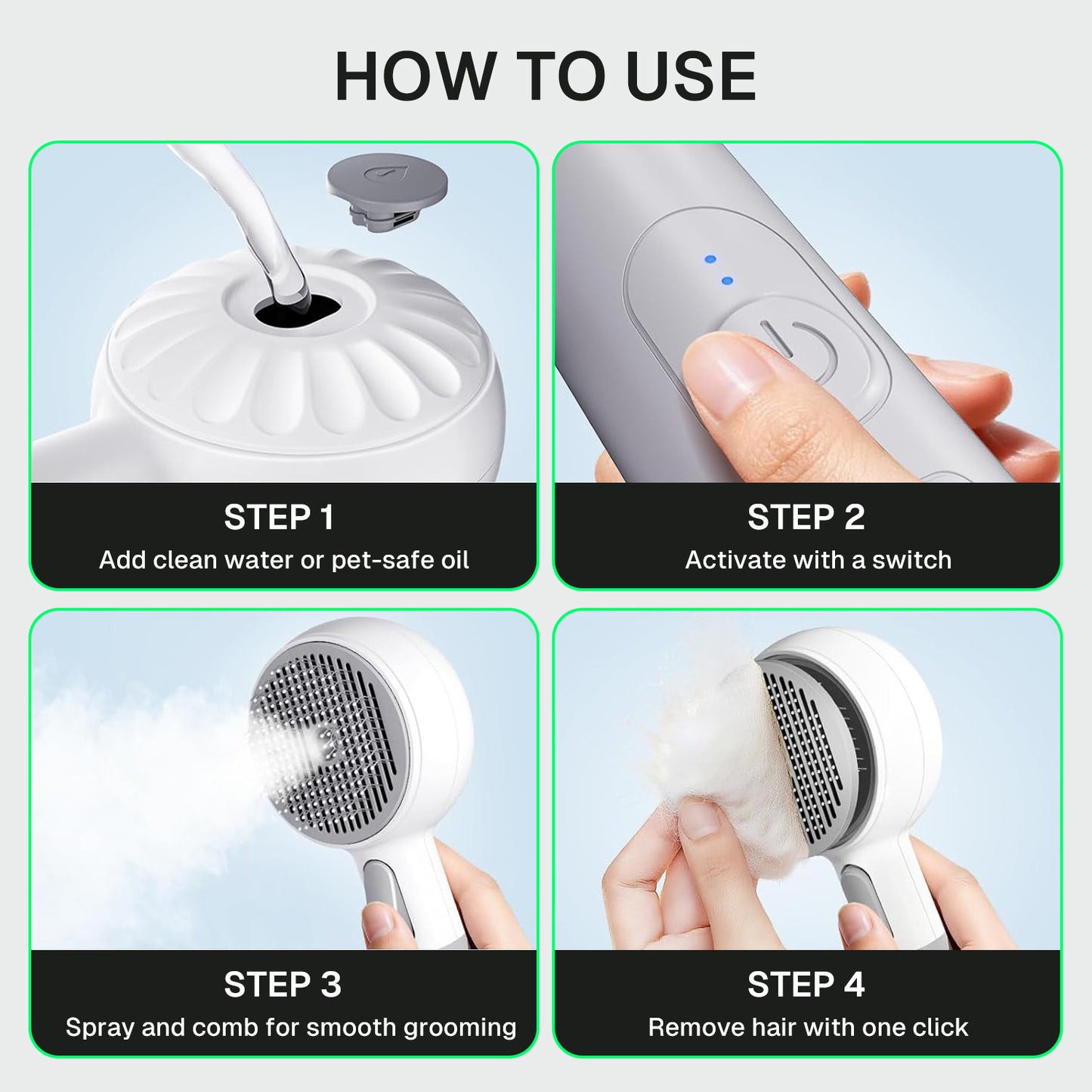 Behome Pet Steam Brush for Cats & Dogs, Self-Cleaning Cat Brush with 2 Water Spray Modes, Anti-Static Dog Brush for Shedding & Grooming
