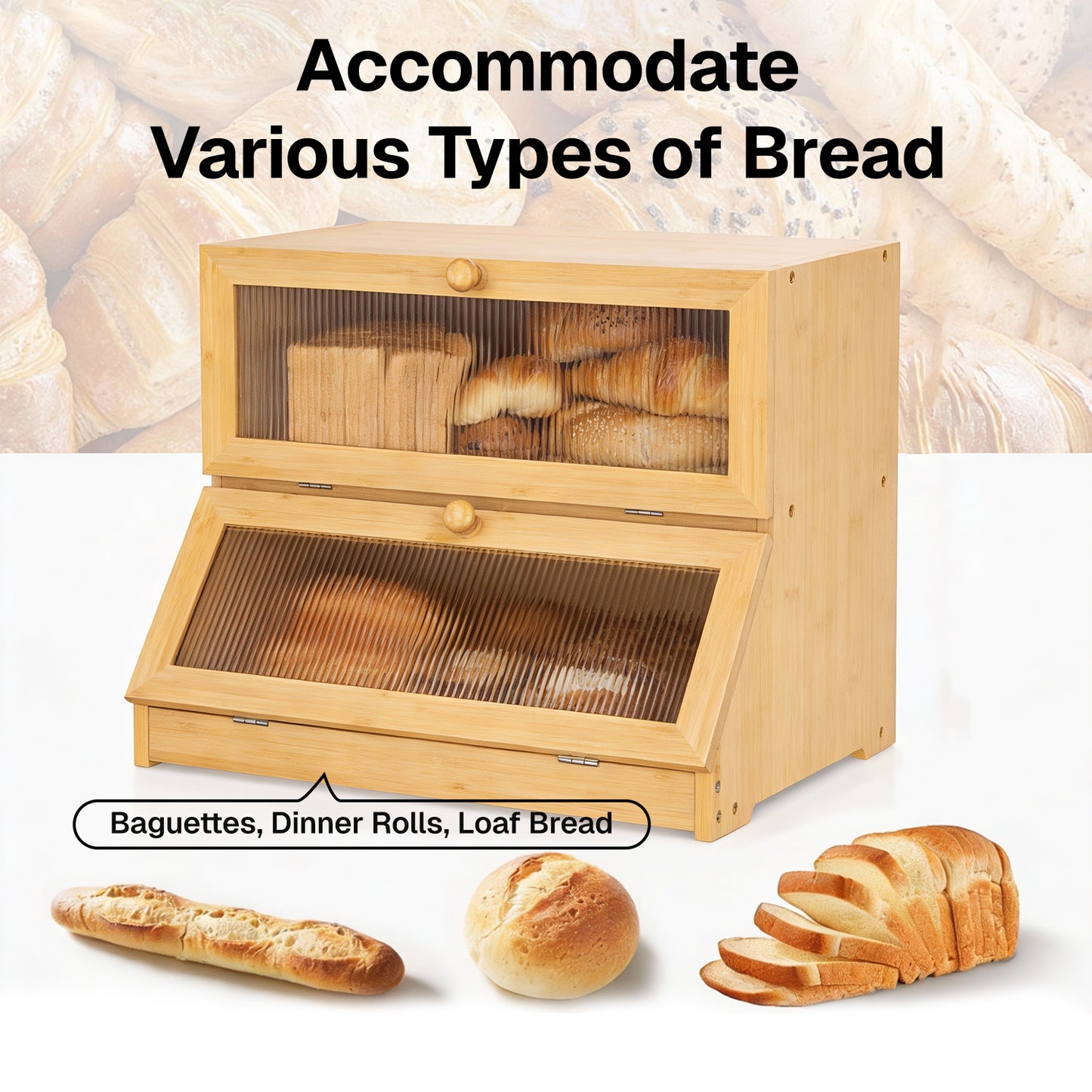 BN-LINK Double Layer Bamboo Bread Box, Large Capacity Bread Storage Bin with Window, Farmhouse Food Organizer for Kitchen Counter, Natural Bamboo