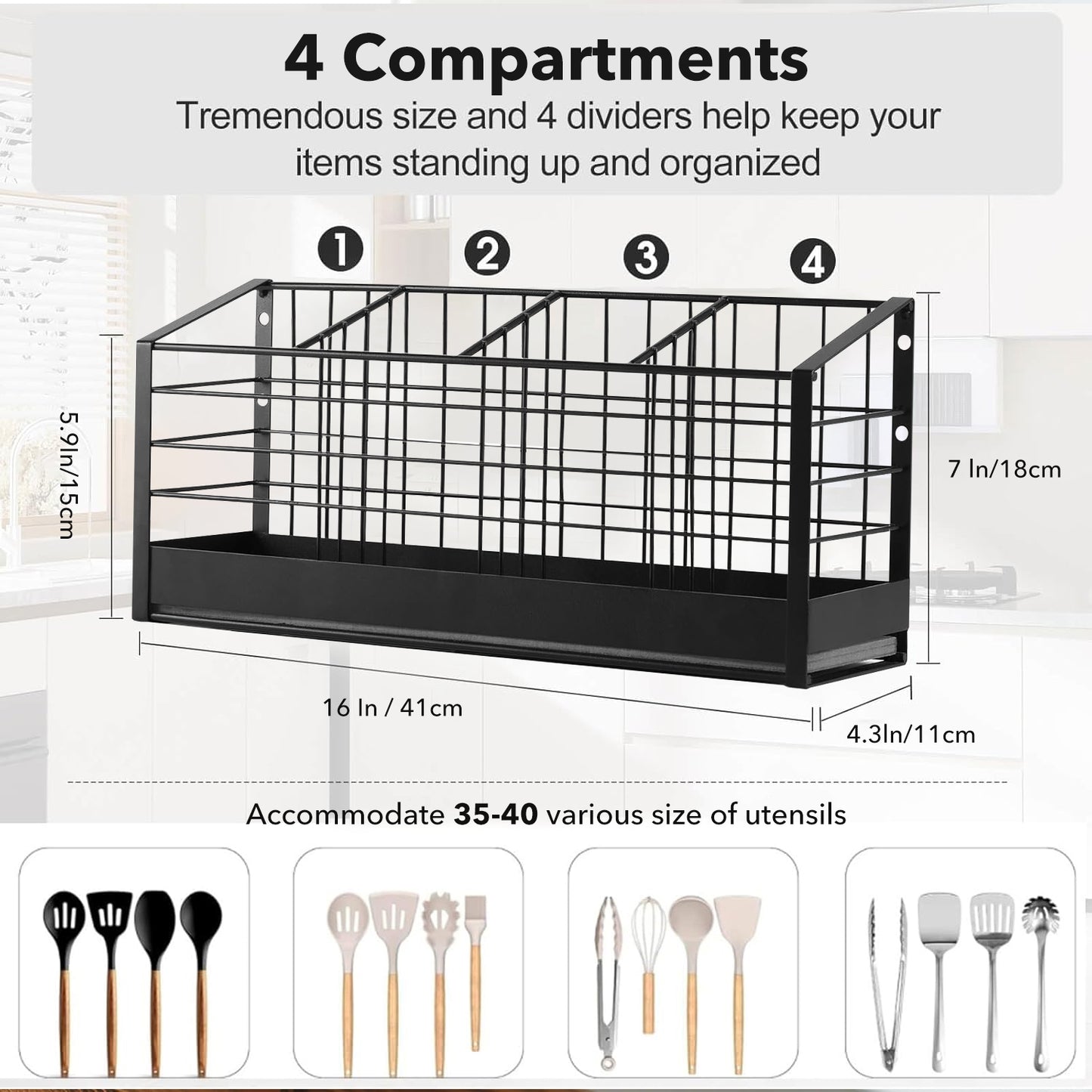 Behome Extra Large Kitchen Utensil Holder, 4 Compartments & Diatomaceous Earth Base, Wall Mounted Anti Rust Metal Holder for Kitchen Counter, Farmhouse Cooking Utensil Storage, Black