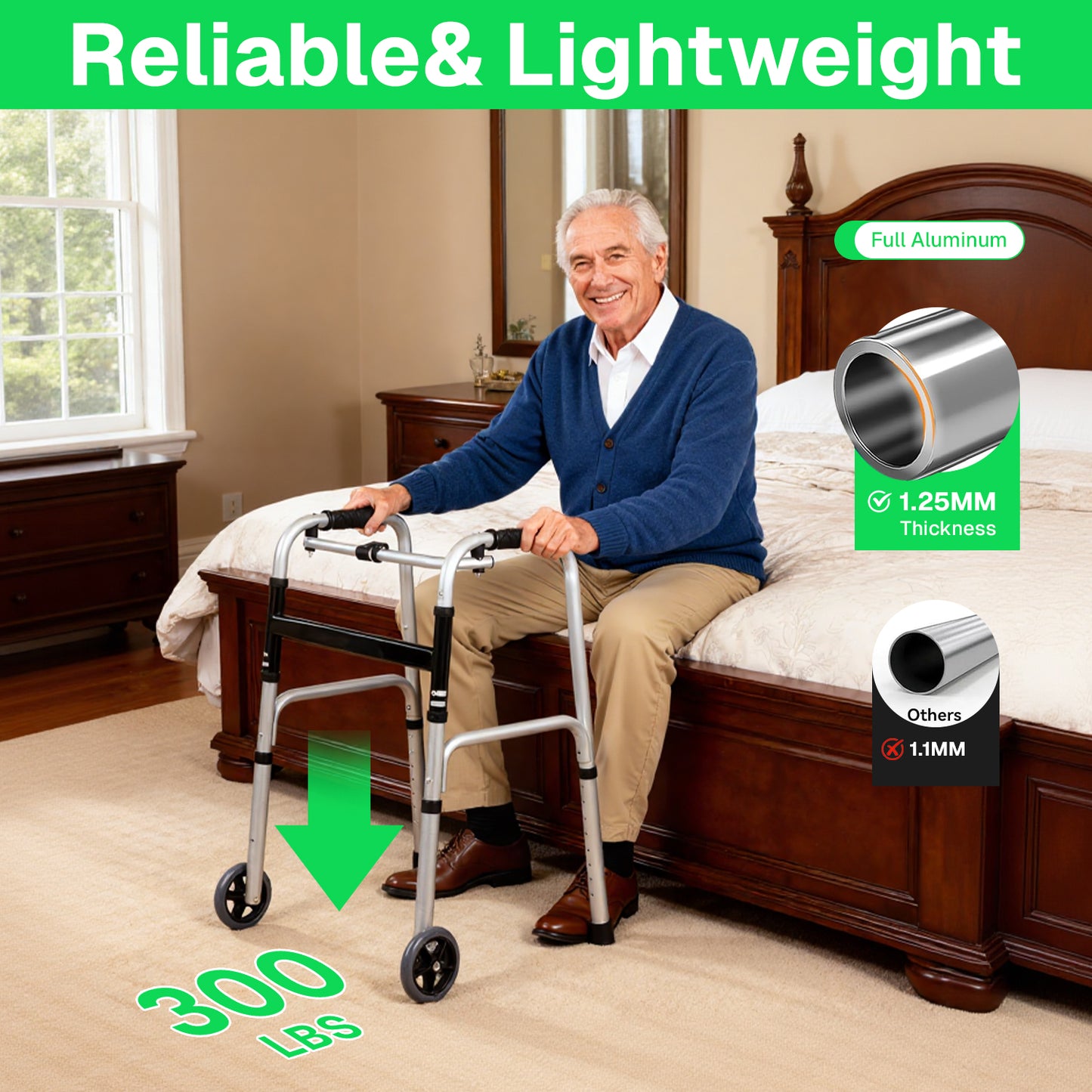 BN-LINK Walker for Senior, Folding Walker with 5'' Wheels, Adjustable Lightweight Aluminum Walker for Elderly,Disabled,Supports up to 330 lbs, Silver