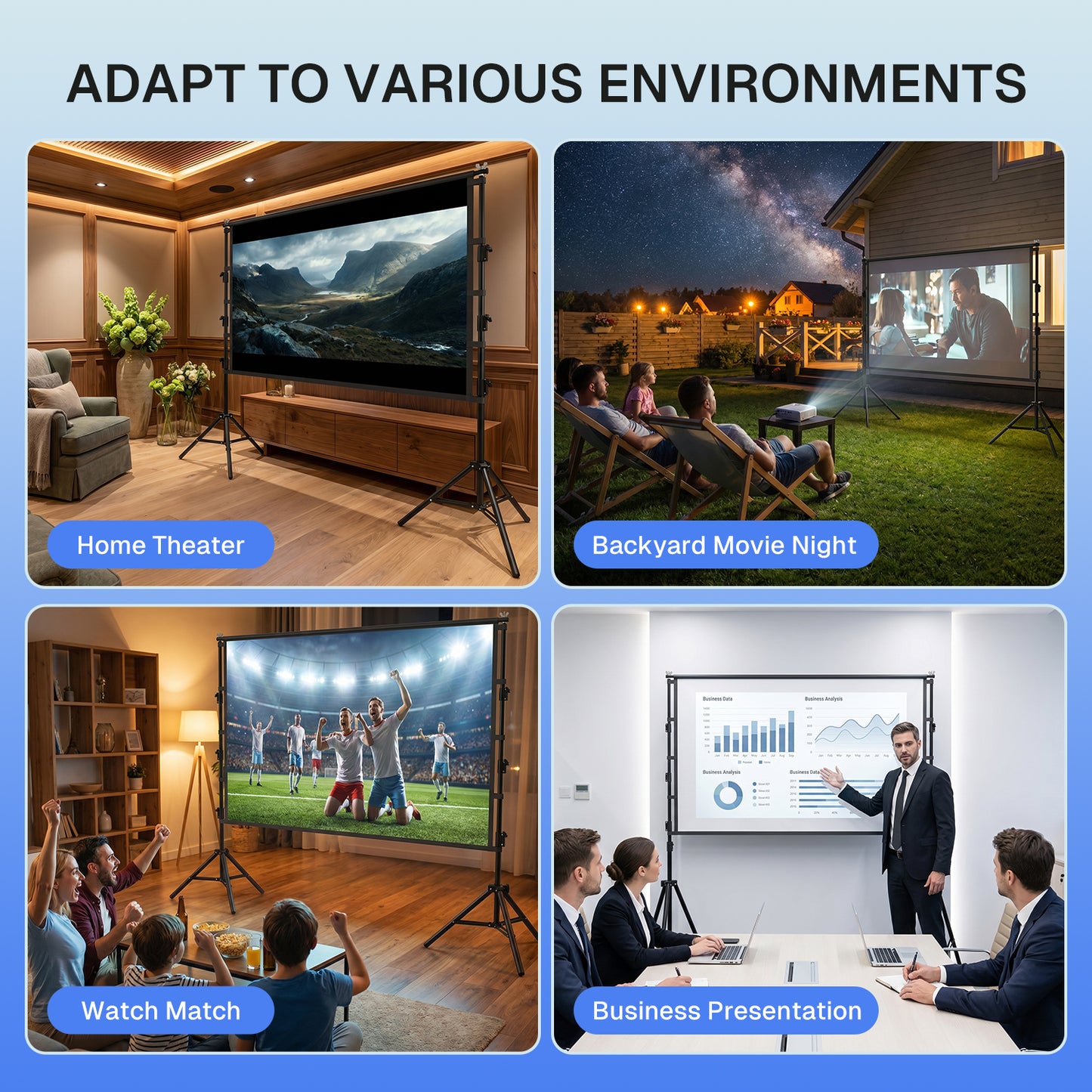 BN-LINK 100 inch Projector Screen with Stand, 16:9 4K HD Portable Movie Screen Indoor Outdoor, Foldable Wrinkle-Free Projection Screen for Home Theater, Camping,Parties
