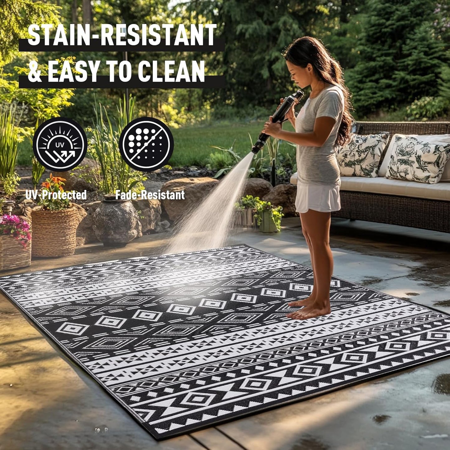BN-LINK 6' x 9' Waterproof Outdoor Rug with Storage Bag, Reversible Plastic Straw Large Area Rug, Easy-Cleaning Modern Floor Mat for Outdoors, RV, Patio, Backyard, Deck, Picnic, Beach