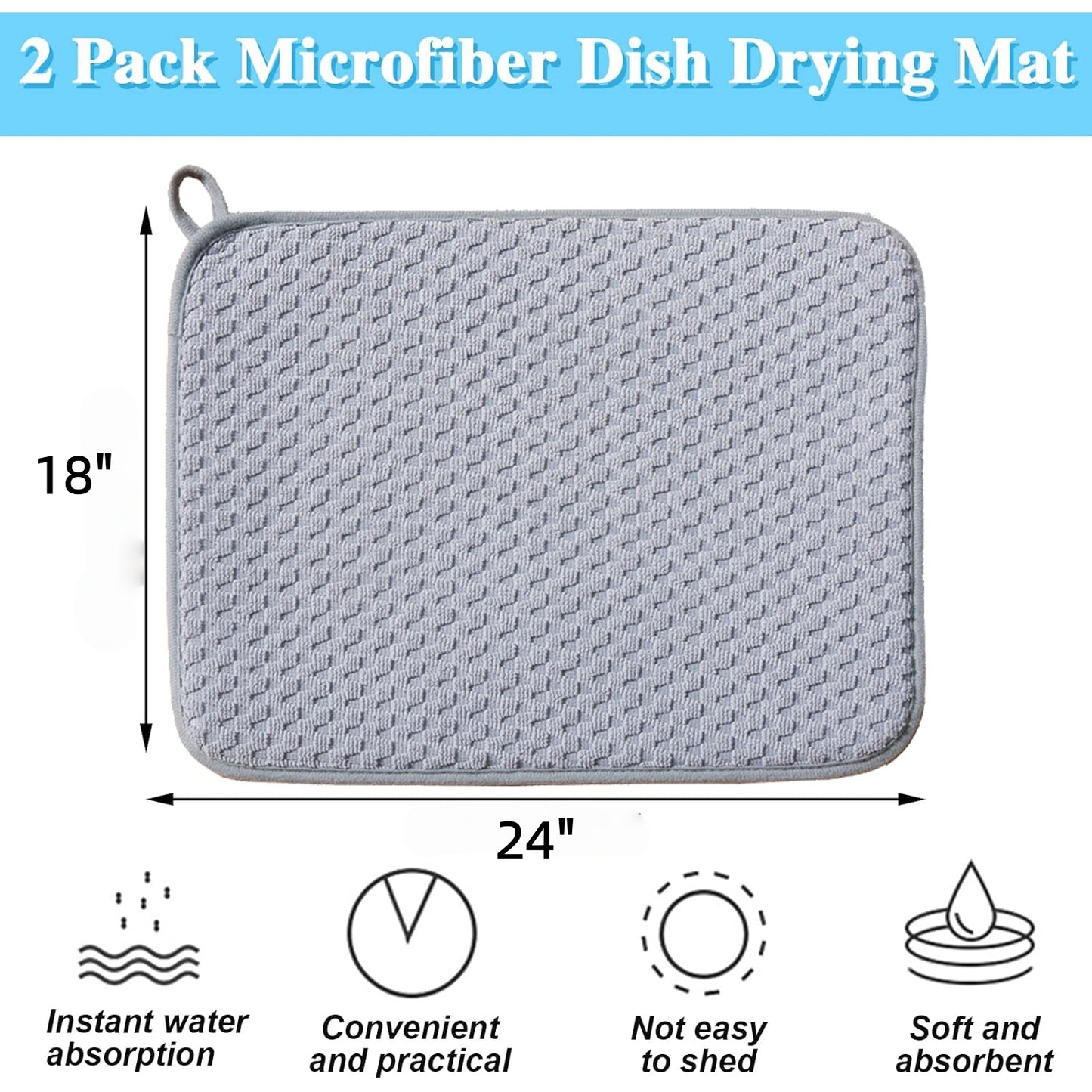 Behome Dish Drying Mat, 2 Packs Large Dish Drying Mat, 18x24 Inch Large Size Highly Absorbent Dish Drainer Mat for Kitchen Counter, Gray