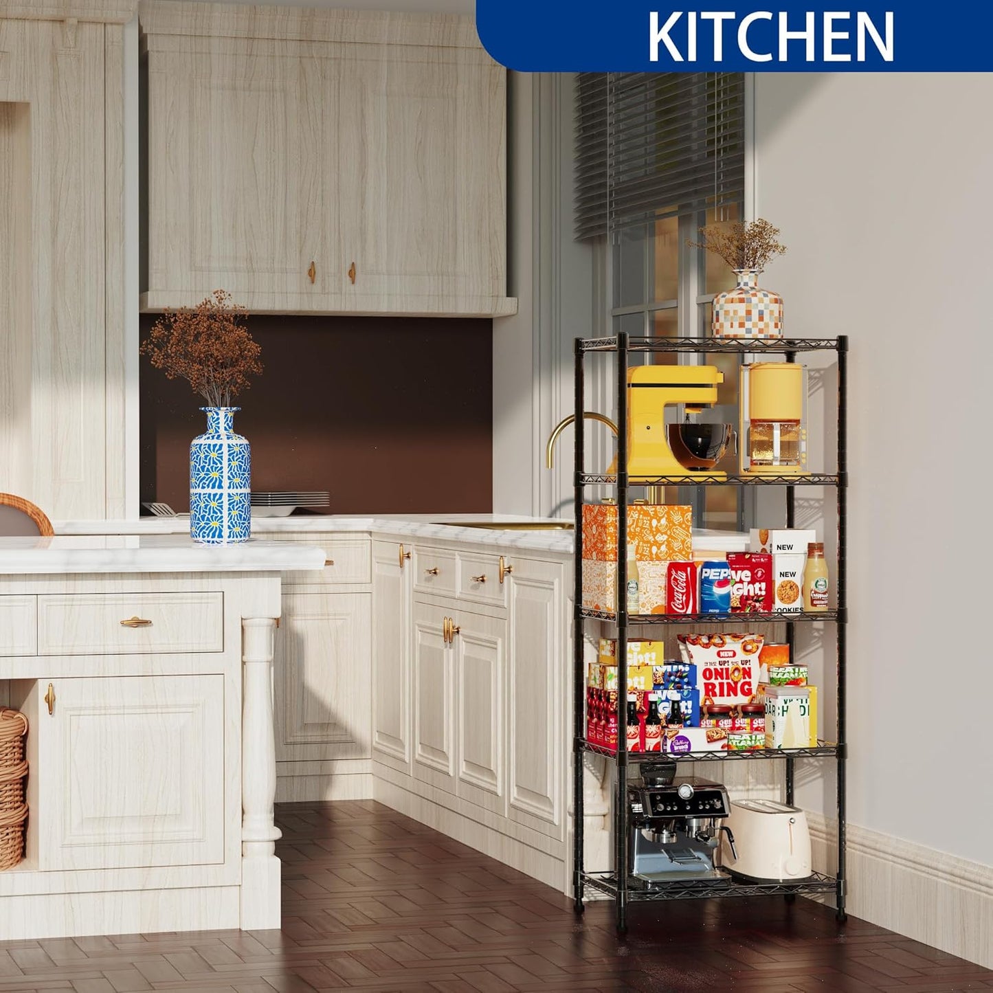 Behome 5-Tier Wire Shelving Unit With 4 Hooks, 21.26"D x 11.4"W x 59"H Adjustable Metal Storage Shelves, Heavy Duty Storage Rack, No-Tool Assembly for Kitchen, Garage, Pantry Closet