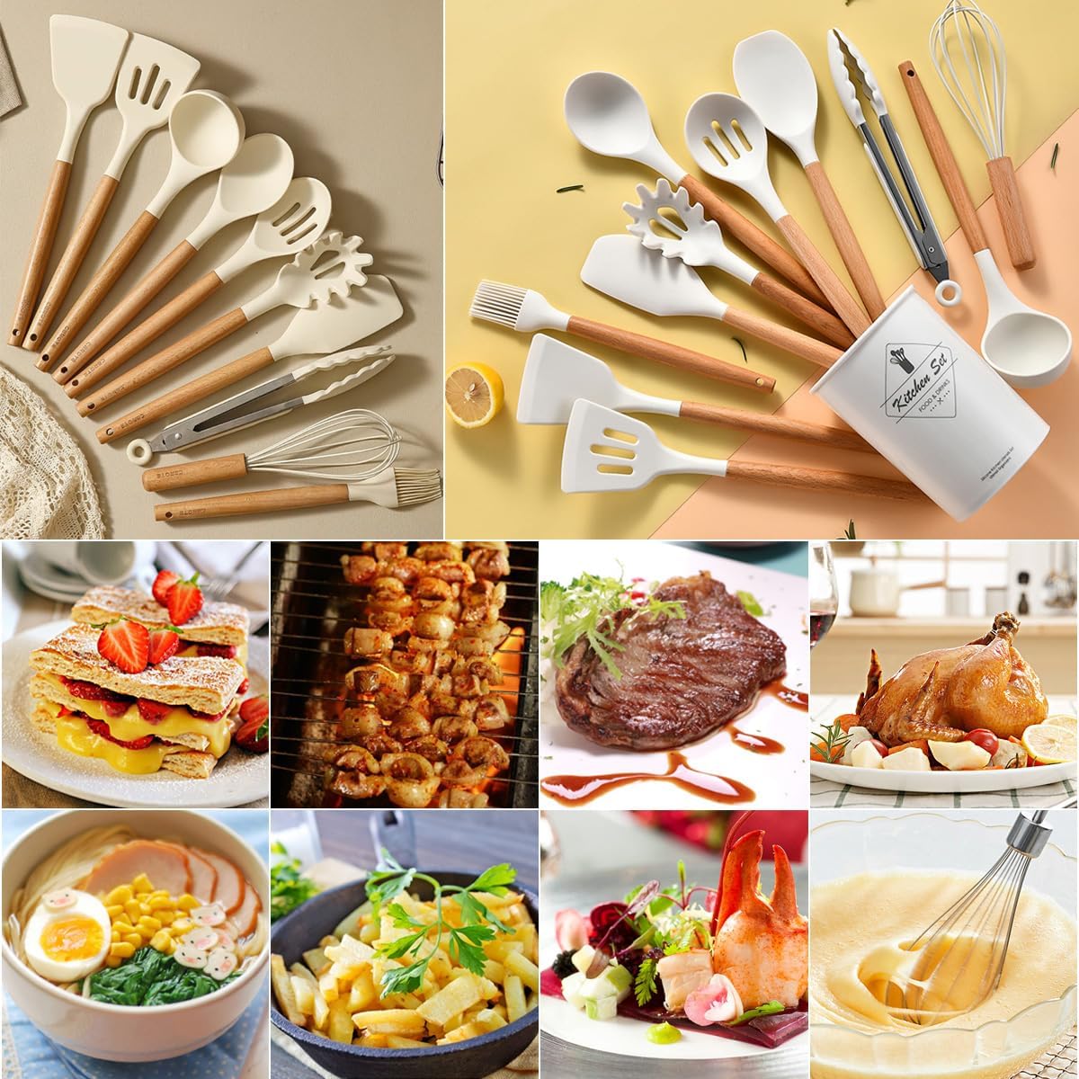 Behome Cooking Utensils Set, 12 packs Non-Stick Silicone Cooking Kitchen Utensils Spatula Set with Wooden Handles and Holder, Heat Resistant Food Grade Kitchen Utensils, White