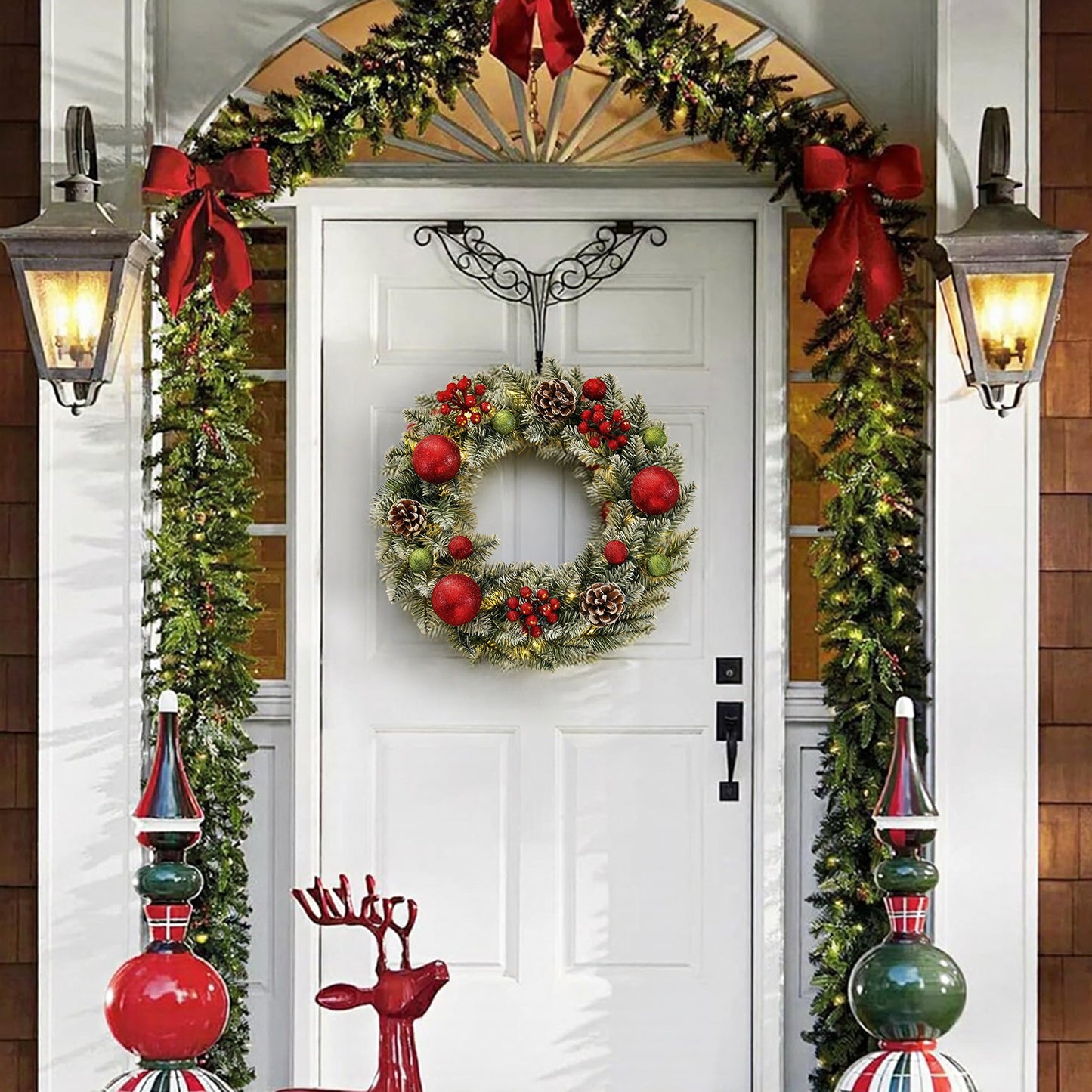 BN-LINK 24 Inch Pre-Lit Artificial Christmas Wreath, 8 Lighting Modes & 50 LED Lights & 180 Branch Tips, X-max Decoration for Home Wall Window Porch