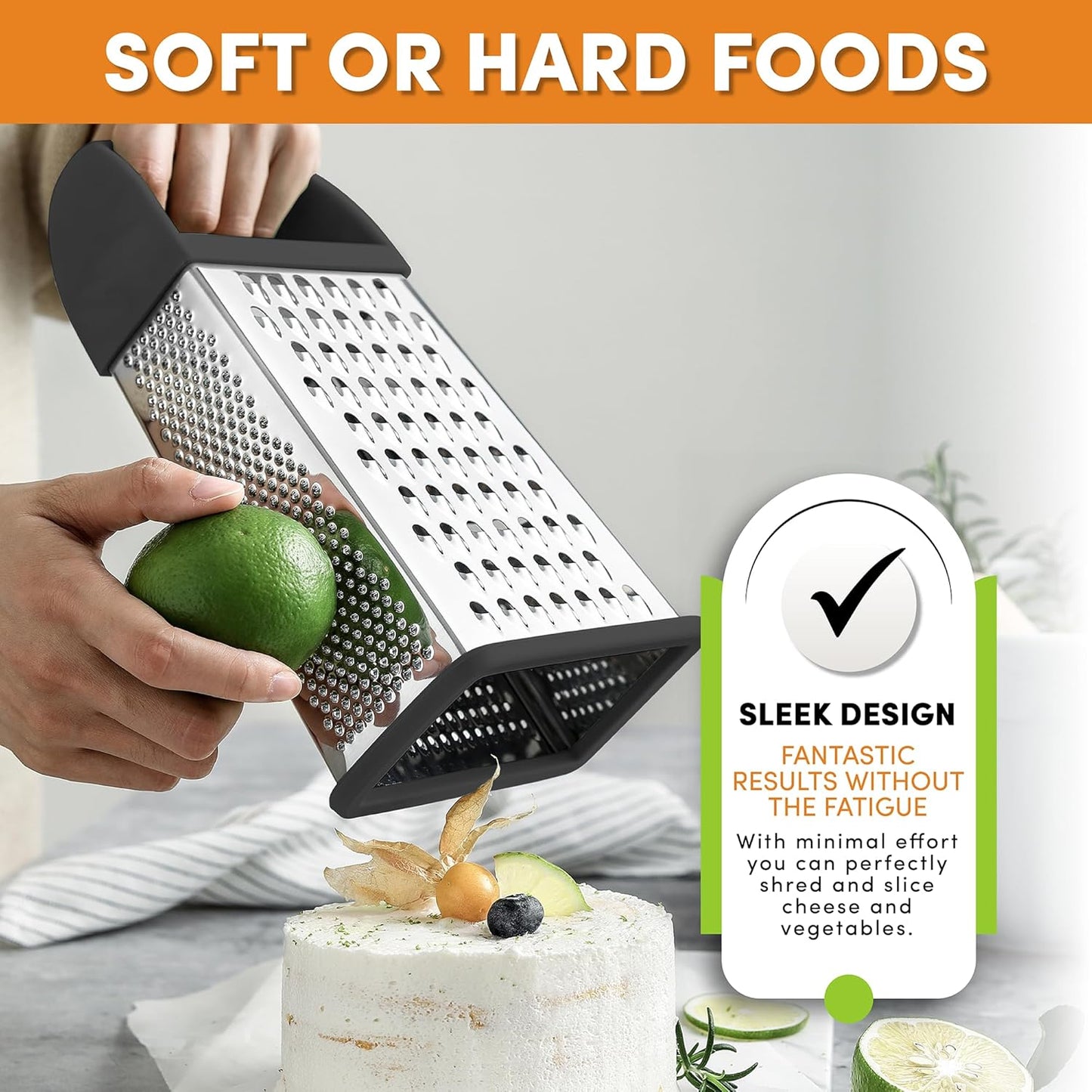 Behome Cheese Grater with Container, 4-Side Stainless Steel Cheese Shredder & Vegetable Chopper with Slip Resistant Handle, Box Grater for Fruit, Vegetables, Ginger