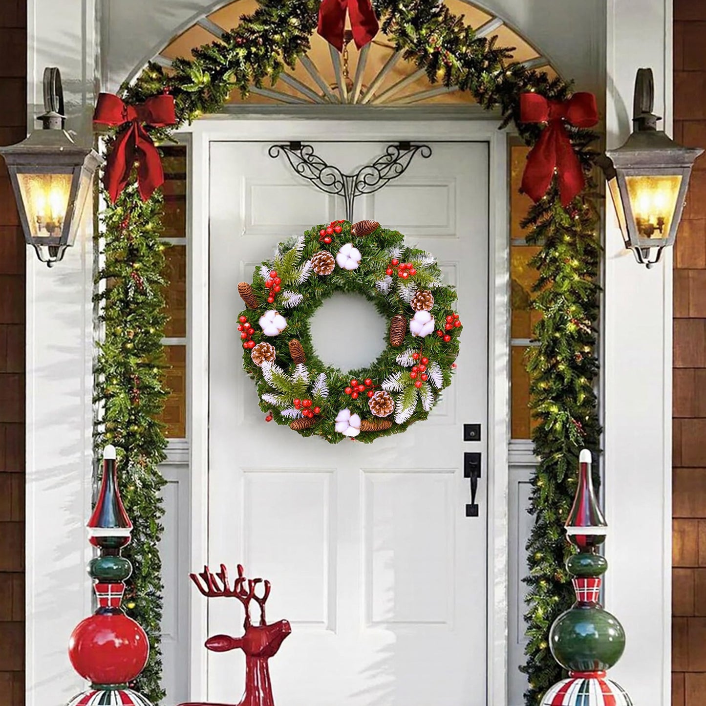 BN-LINK 24 Inch Pre-Lit Artificial Christmas Wreath, 8 Lighting Modes & 50 LED Lights & 180 Branch Tips, X-max Decoration for Home Wall Window Porch
