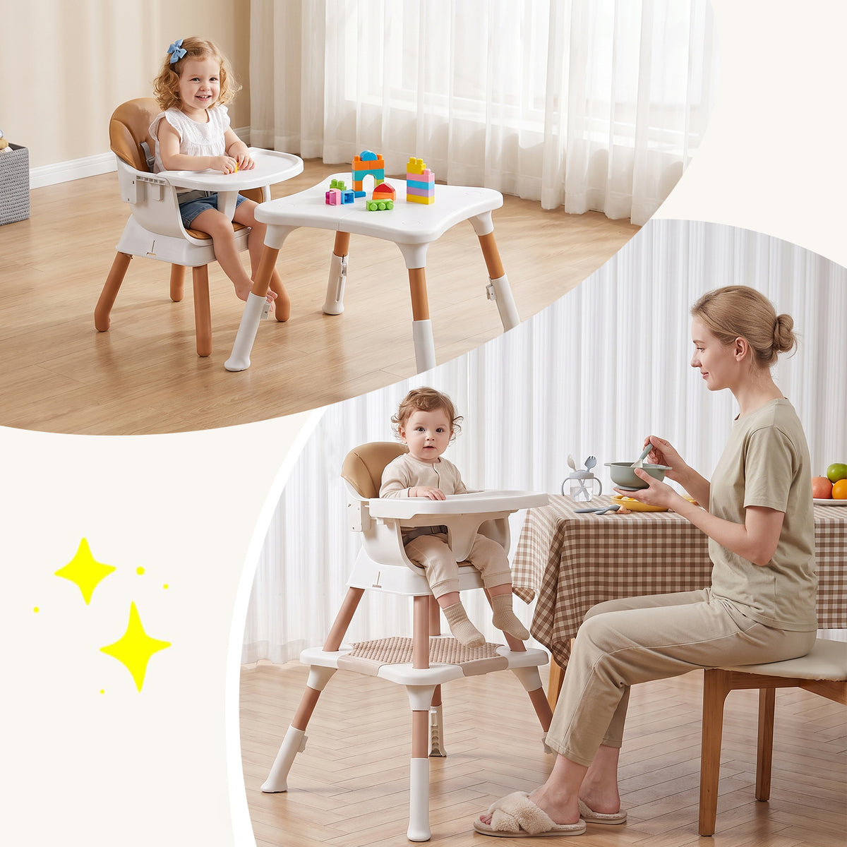 Behome 8 in 1 Baby High Chair, Convertible High Chairs for Babies and Toddlers, Infant Dining Booster Seat, Building Block Table, Kids Stool Table Chair Set with Removable Tray