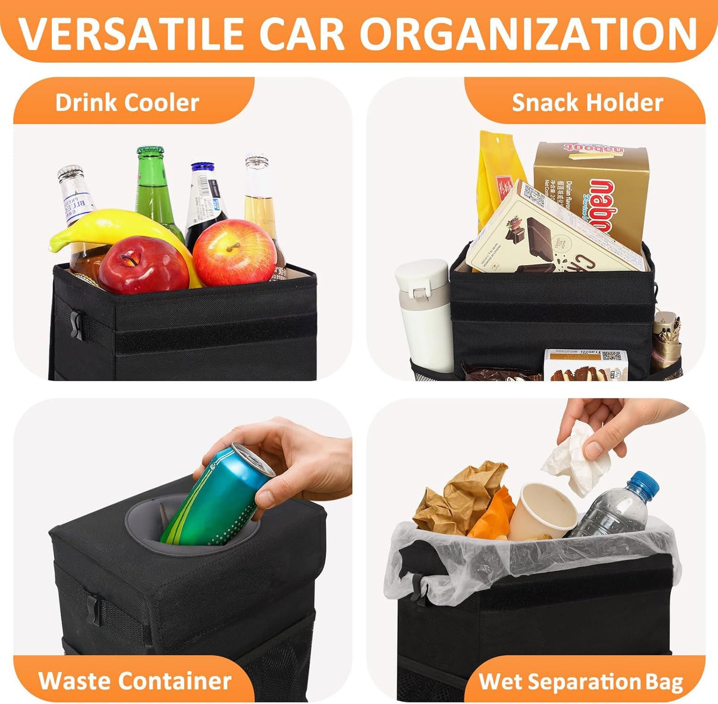 BN-LINK Car Trash Can with Lid, Leak-Proof & Waterproof Car Garbage Can with Storage Pockets, Hanging Auto Trash Bin for SUV, Truck & Back Seat Organizer, Black