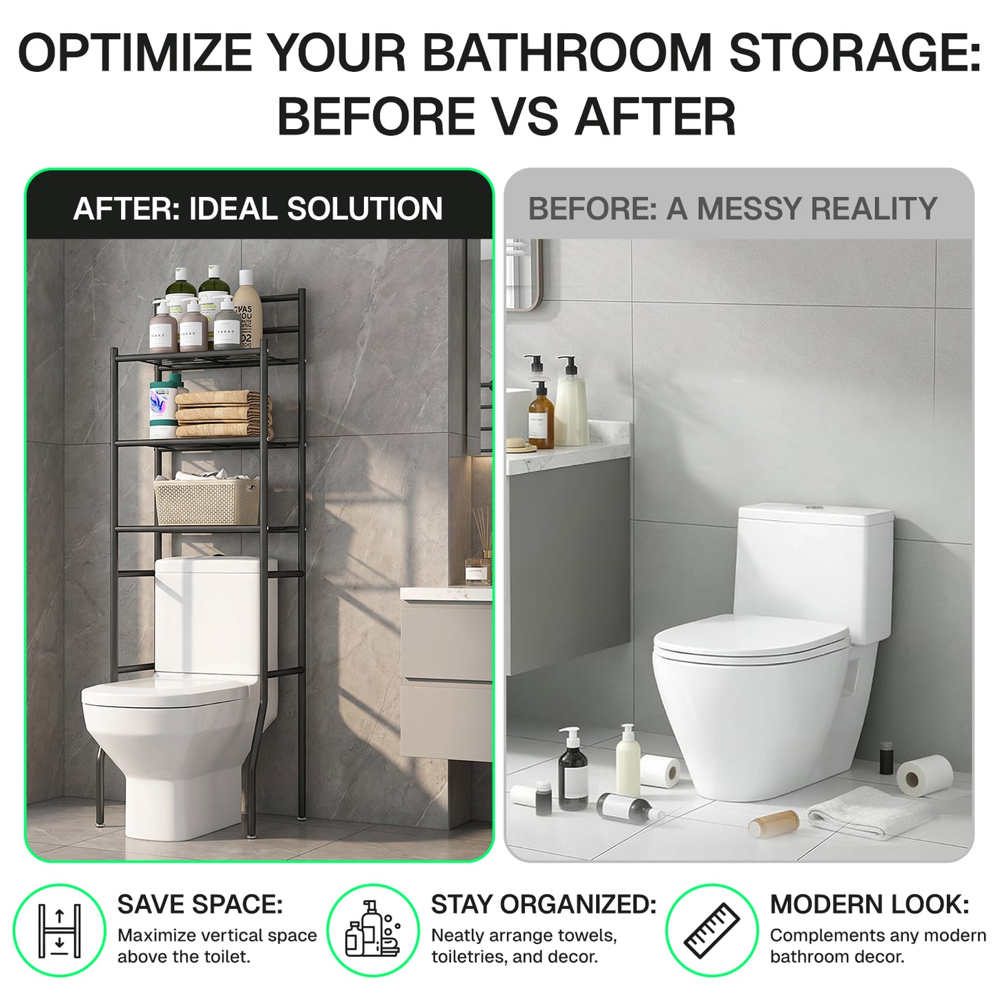 Behome 3-Tier Over The Toilet Storage Shelf, Bathroom Organizer Shelf Over Toilet with 6 Hooks, Freestanding Space Saver Bathroom Storage Shelves