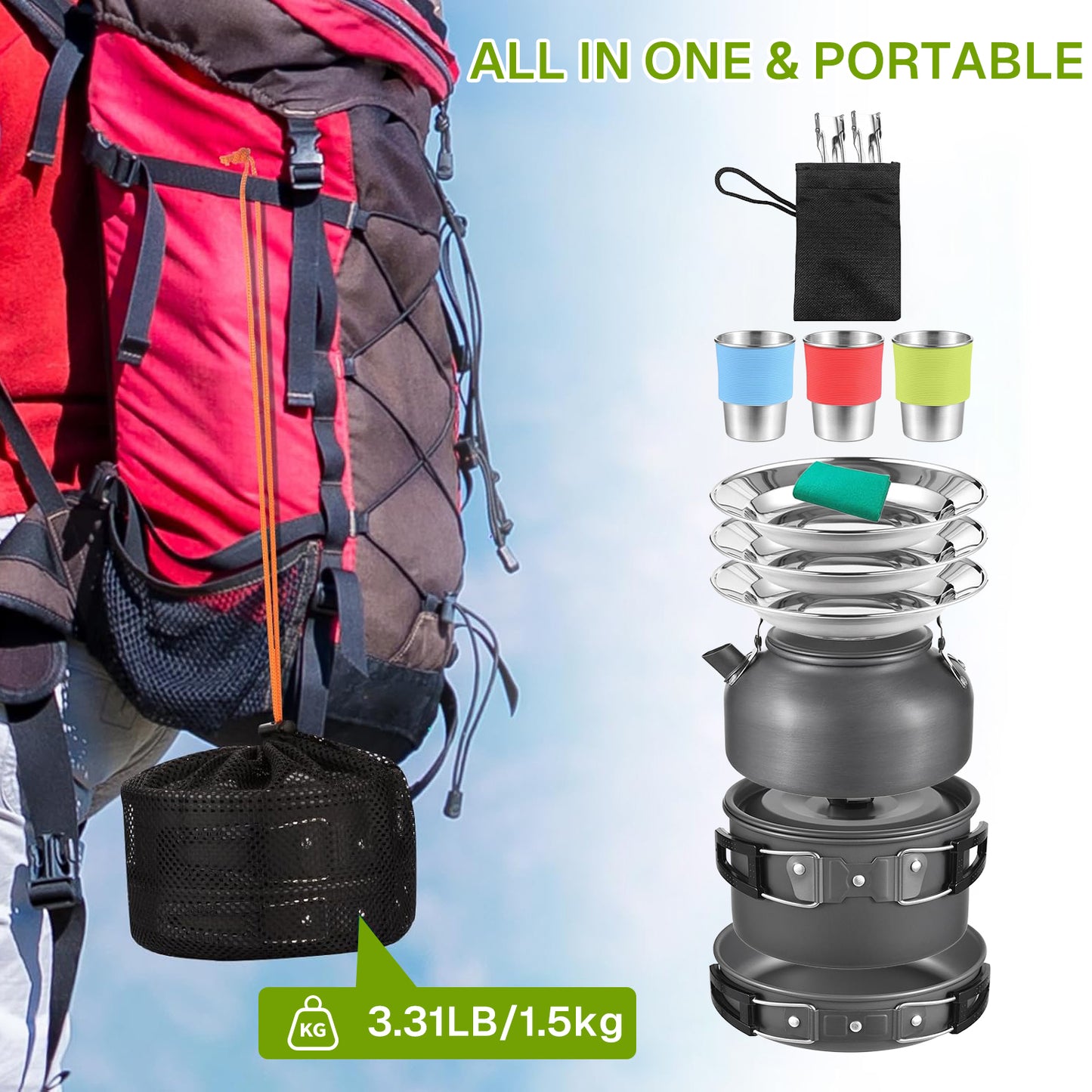 BN-LINK 22pcs Camping Cookware Mess Kit, Lightweight Camping Cooking Set, Camping Pots and Pans Set for Camping Backpacking Hiking