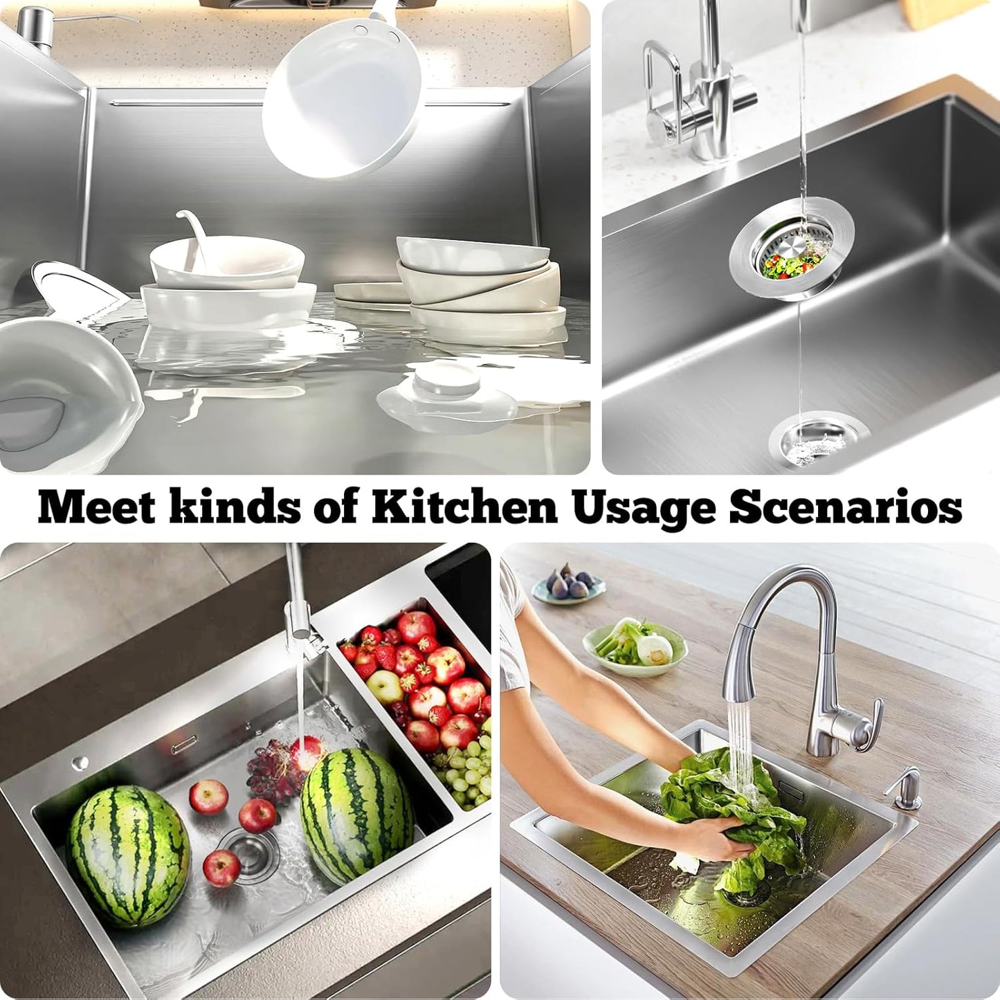 Behome 3 in 1 Kitchen Sink Drain Strainer, 304 Stainless Steel Pop Up Sink Stopper, Fits Standard 3-1/2 Inch Drain Hole, Universal Sink Protector Cover, Anti-Clogging Design, Silver