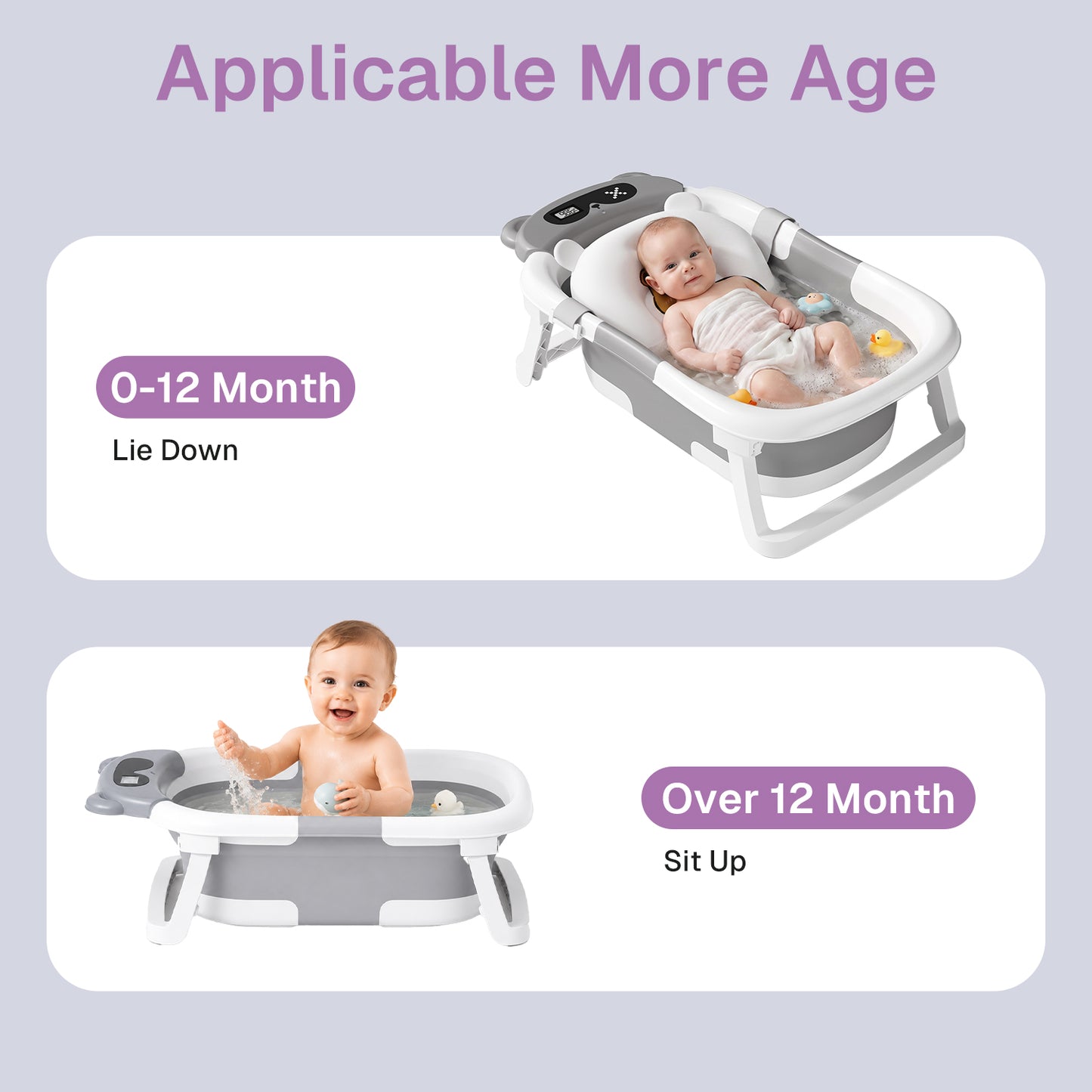 Behome Collapsible Baby Bathtub, Baby Tub with Soft Cushion, Drain Hole& Thermometer, Stable Newborn Bathtub for Infant to Toddler