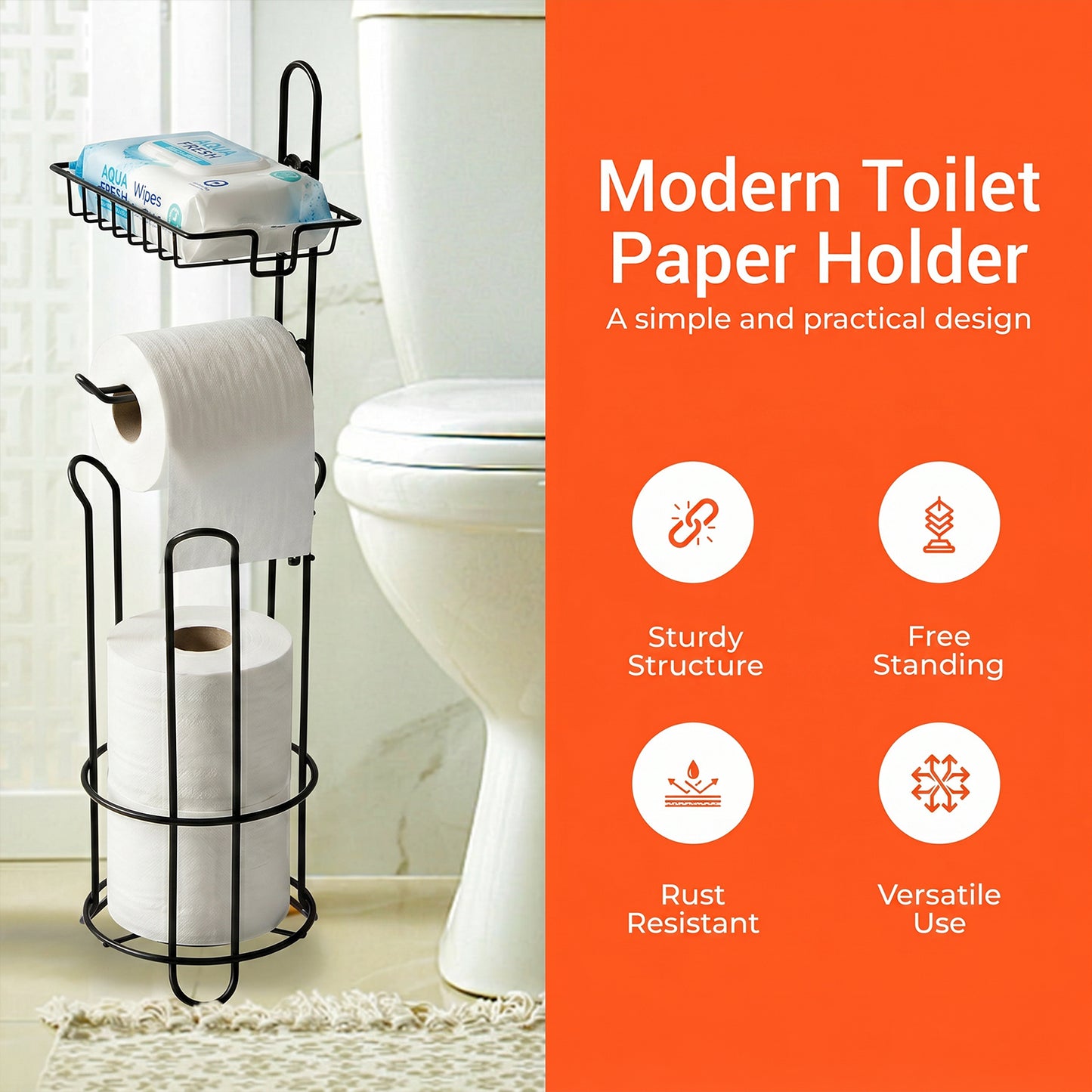 Behome Toilet Paper Holder Stand with Shelf, Freestanding Toilet Paper Holder with Dispenser for 4 Rolls, Heavy-Duty Steel Tissue Roll Storage Rack for Bathroom