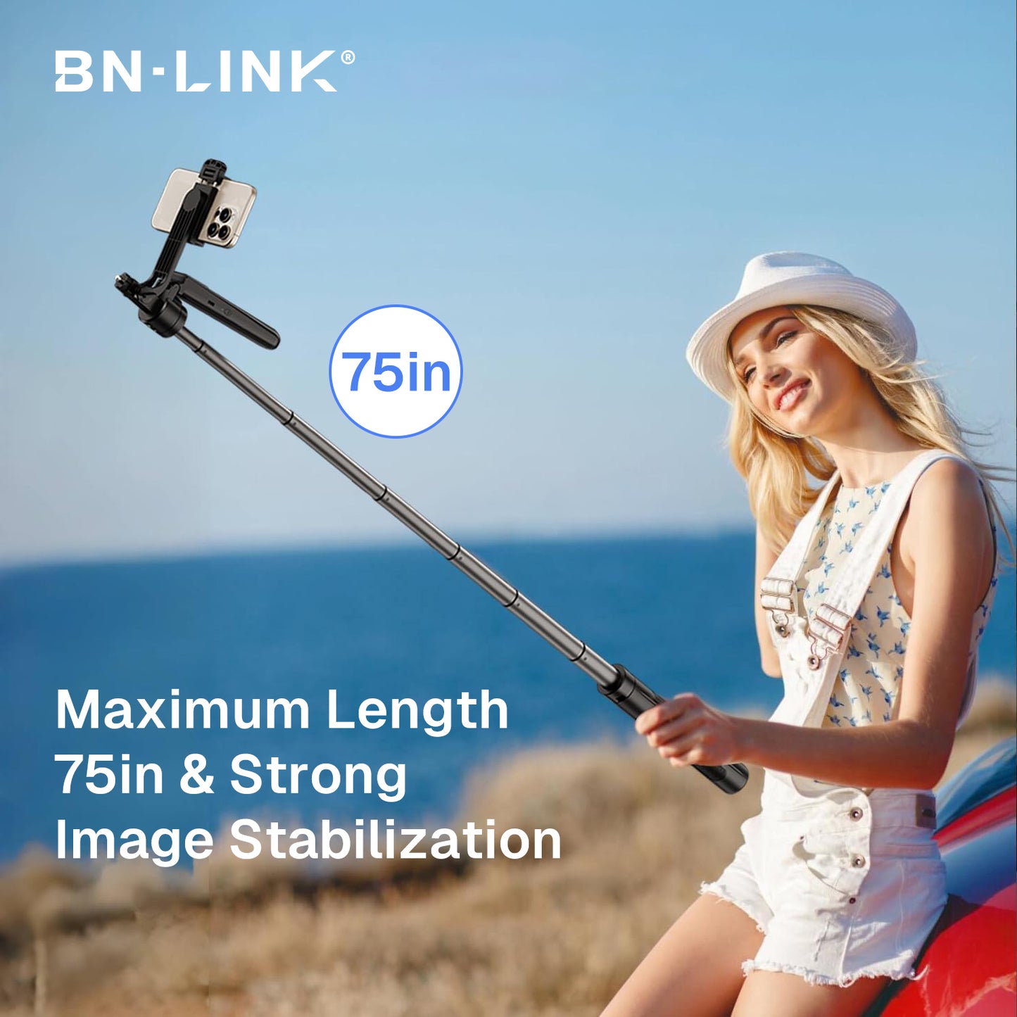 BN-LINK 75" Selfie Stick Tripod with Remote, 360°Rotating Extendable Cell Phone Stand with 1 Phone Holder Accessory, Phone Tripod Compatible with iPhone Android Phone, Camera