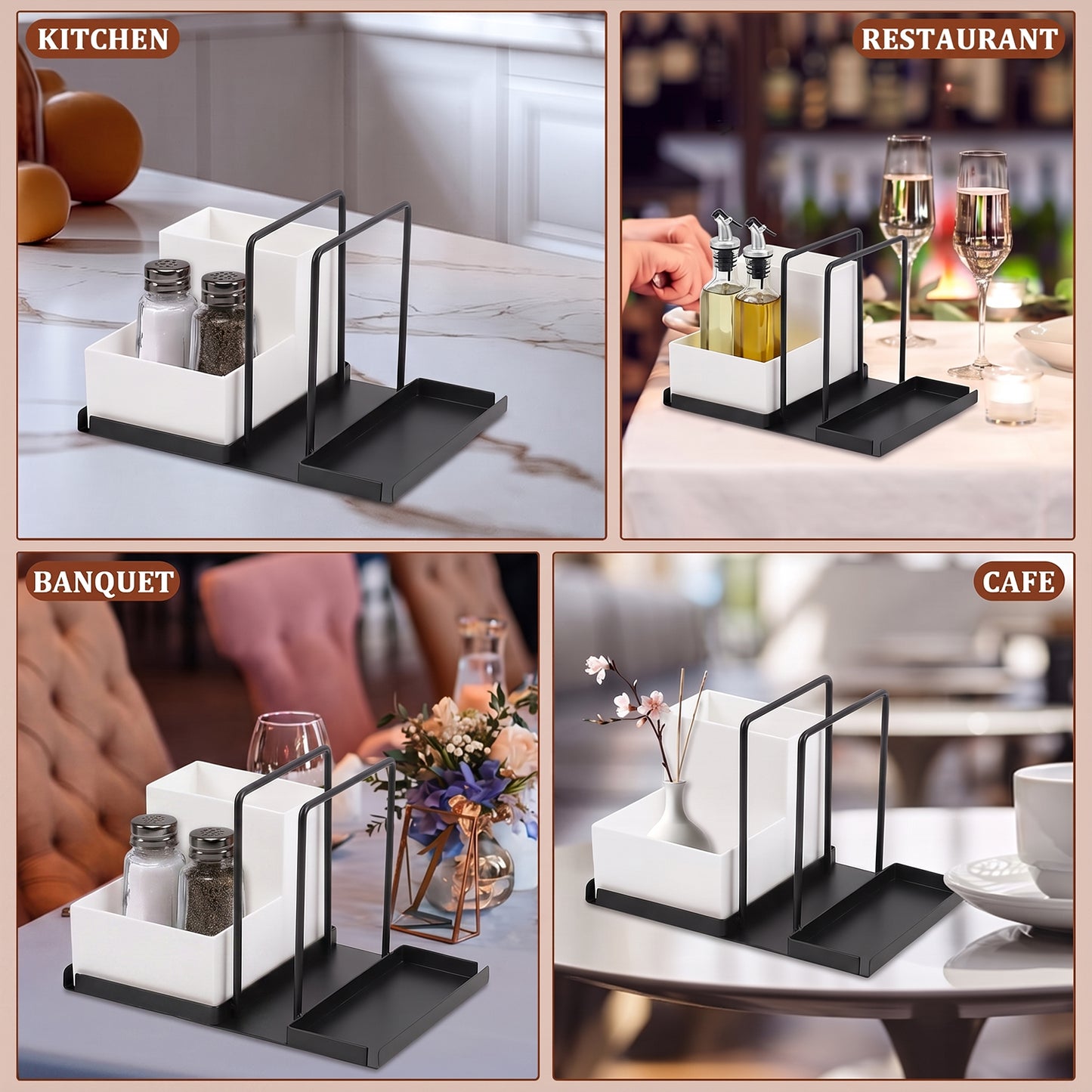 Behome Napkin Holder for Table, Metal Napkin Holder with Removable Storage Box & Salt and Pepper Shakers Caddy, Napkin Dispenser for Kitchen, Countertop, Dining Table