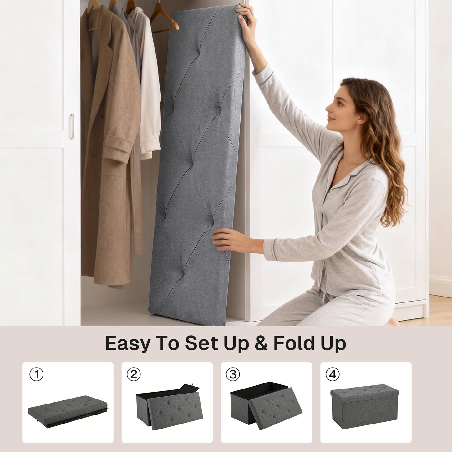 Behome Ottoman with Storage, Foldable storage ottoman bench, 30 Inch End of Bed Bench with Flipping Lid for Bedroom, Living Room,Gray