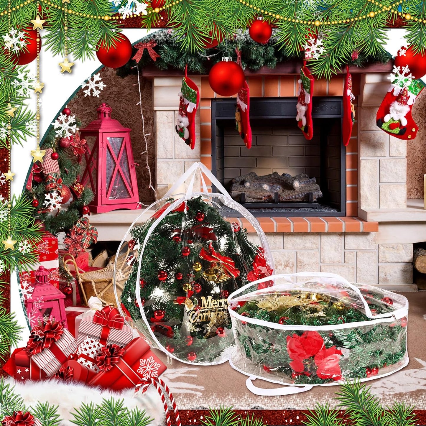 Behome 2 Pack Christmas Wreath Storage Bag, Clear Christmas Decoration Garland Container, Durable Zipper PVC Holiday Wreaths Storage Holder with Handles (White, 24”)