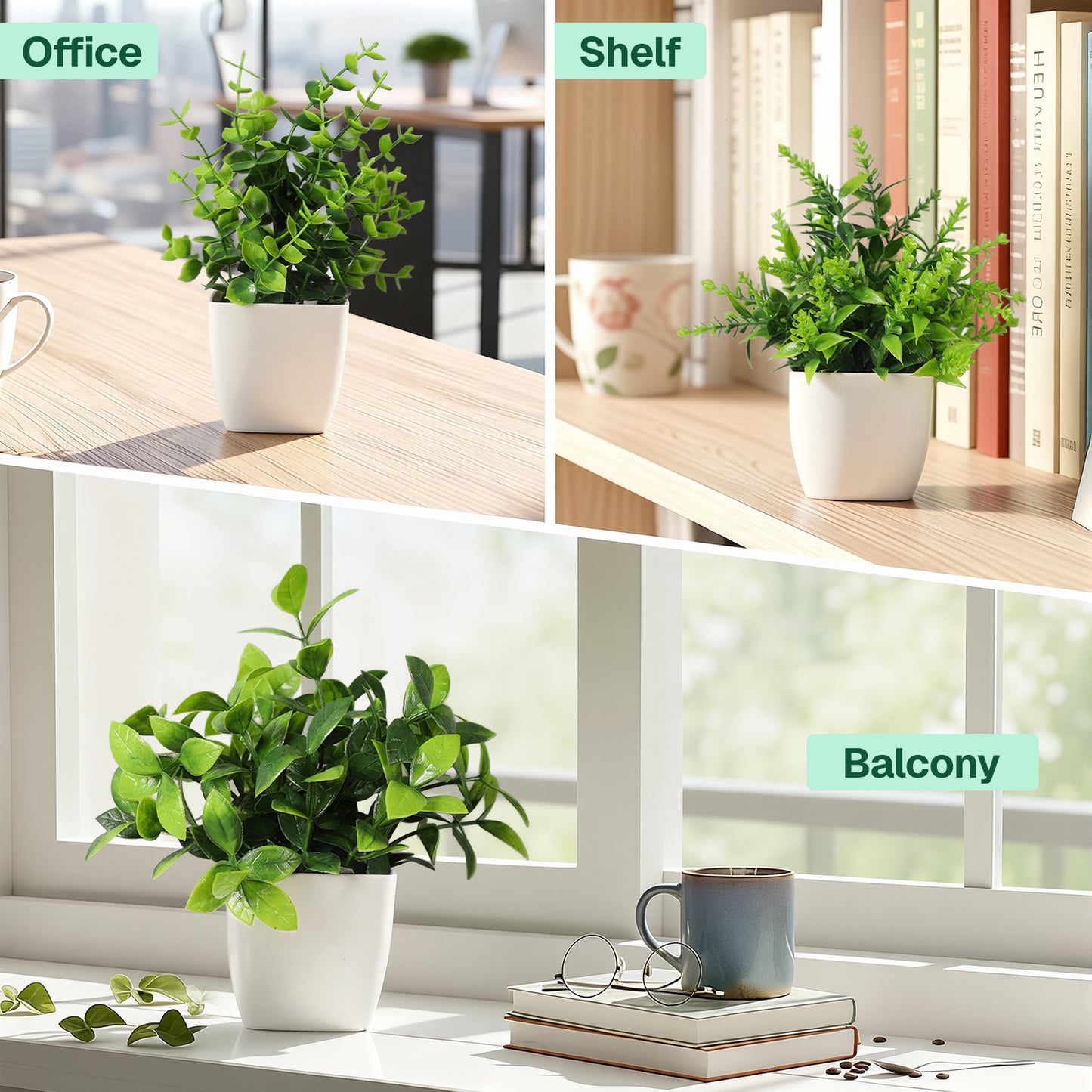 Behome Fake Plants, 4 Pack Small Fake Plants in White Plastic Pot, Mini Artificial Greenery Potted Plants for Home Decor, Green