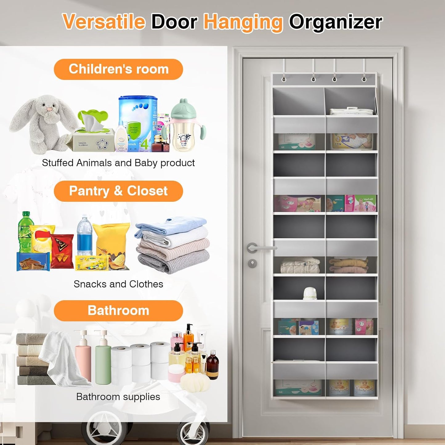Behome 5-Shelf Heavy Duty Over the Door Organizer, Behind the Door Storage with 10 Big Front & 10 Mesh Pockets, 100lb Weight Capacity, for Closet, Diaper Organizer, Room storage