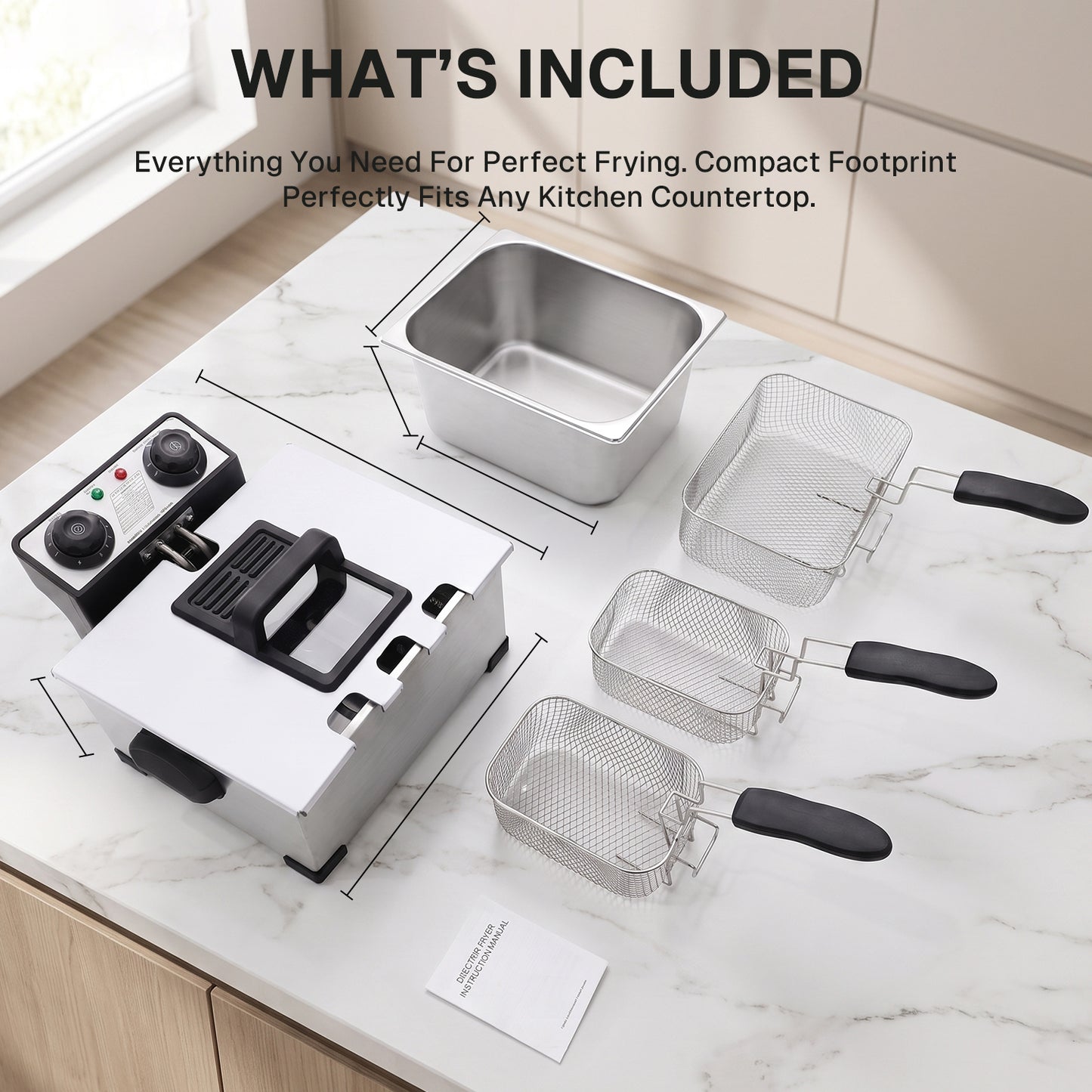 Behome Deep Fryer with 3 Baskets, 1400W 4.5QT/5L Thickened Stainless Steel Countertop Electric Oil Fryer, Easy Clean with Adjustable Temperature & Timer, Silver