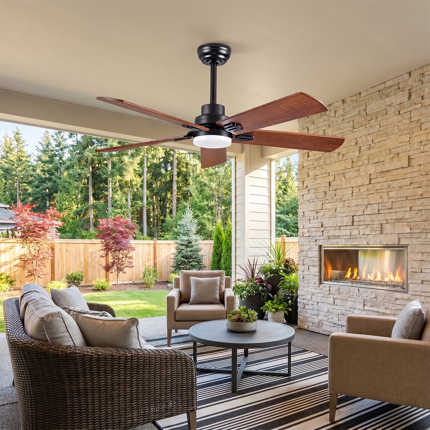 Behome 42" Wood Ceiling Fan,Ceiling Fans with Lights and Remote Control, Wood Blades, Flush Mount, 6 Speeds DC Reversible, 3CCT, Dimmable, Noiseless, for Bedroom, Living Room