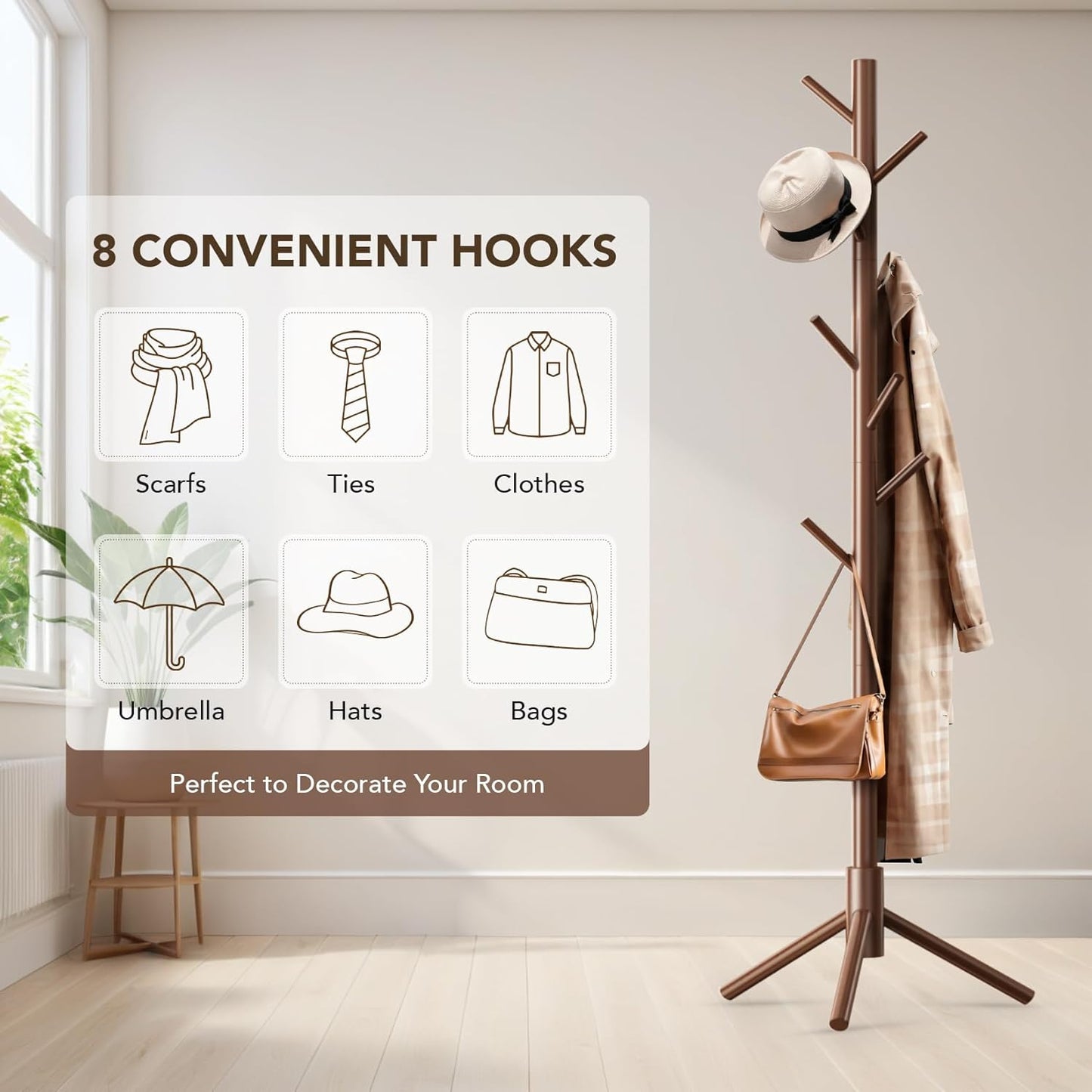 Behome Wooden Coat Rack, Solid Freestanding Coat Rack with 8 Hooks and 3 Adjustable Size, Hall Coat Tree for Bedroom, Entryway, Living Room, for Hats, Coats, Handbags, Brown