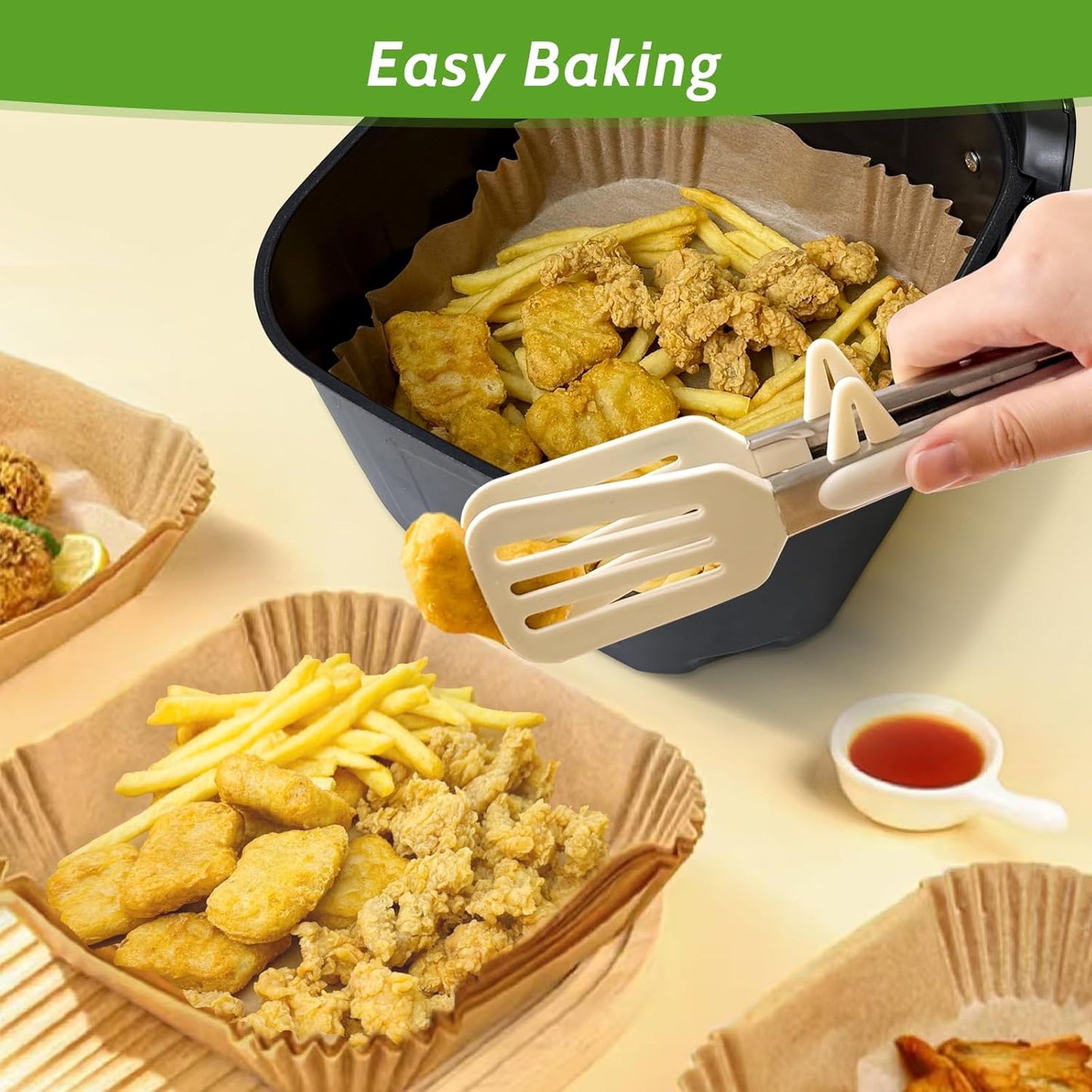 Behome Air Fryer Disposable Paper Liners, 125 Pack 9.45×7.87 Inch Rectangle Air Fryer Paper Liners, Non-Stick Parchment Paper Liners for Air Fryer Basket, Steamer Microwave Oven