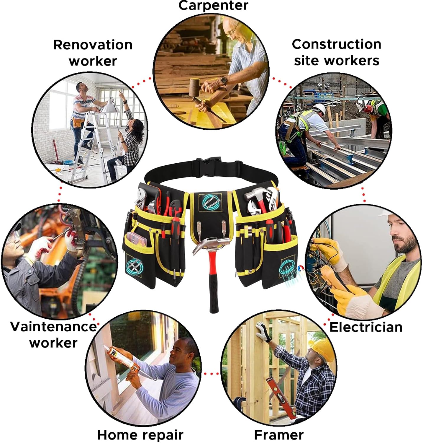 Behome Tool Belt, 26 Pockets Heavy Duty Tool Pouch, Detachable Adjustable Utility Belt Work Bags for Electrician, Carpenter, Black and Yellow