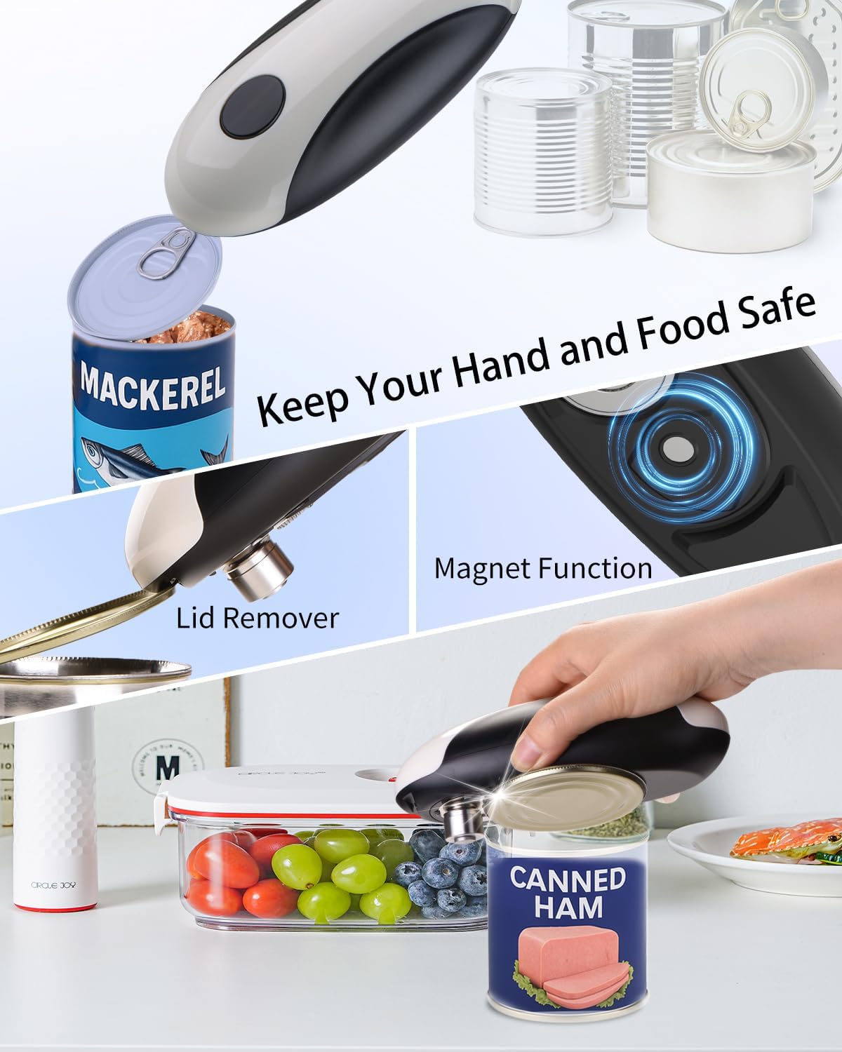 Behome Rechargeable Electric Can Opener, One Touch Automatic Can Opener for Kitchen and Seniors with Arthritis, Smooth Edge & Handsfree, Ultra-Compact Opener Fits All Can Sizes, White