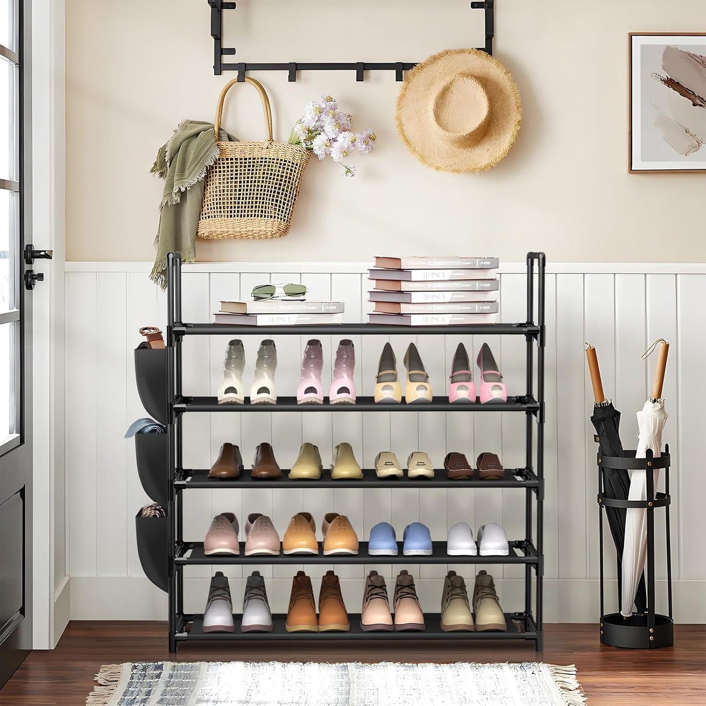 Behome 5-Tier Metal Shoe Rack, Shoe Rack Storage Organizer with Side Pocket, Shoe Shelf for Entryway, Closet, Bedroom, Living Room, Black