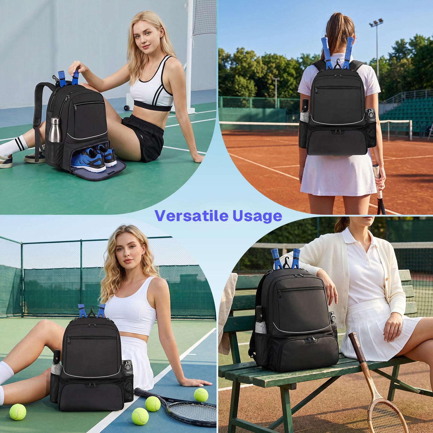 Behome Tennis Bag Holds 2 Rackets, Tennis Backpack with Breathable Padded Straps, Fence Hook, Insulated Pocket & Ventilated Shoe Compartment, Water Resistant Tennis Bags for Women, Men