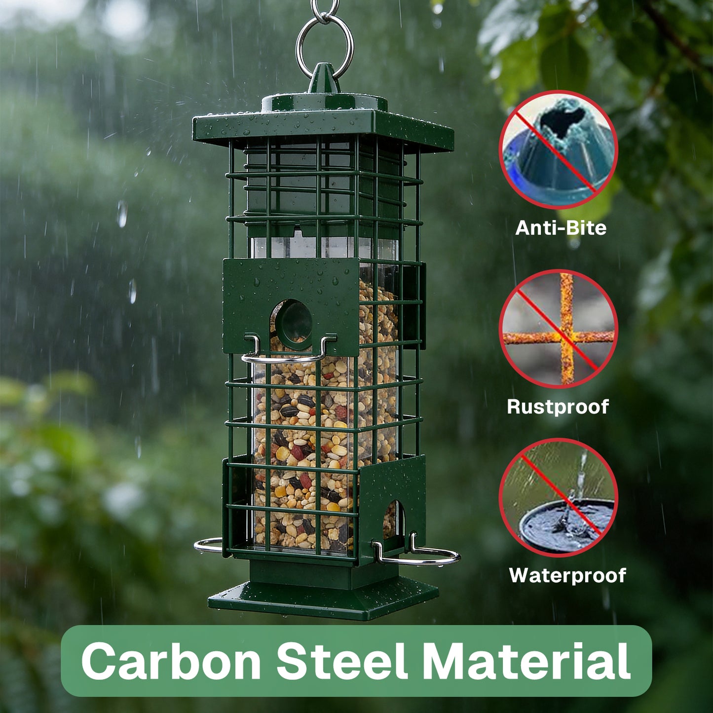 BN-LINK Squirrel Proof Bird Feeder, Metal Bird Feeder with 4 Ports, Chewing Proof&amp; Rust-Resistant, 3 lb Capacity, Outdoor Hanging Birdfeeder for Wild birds,Green