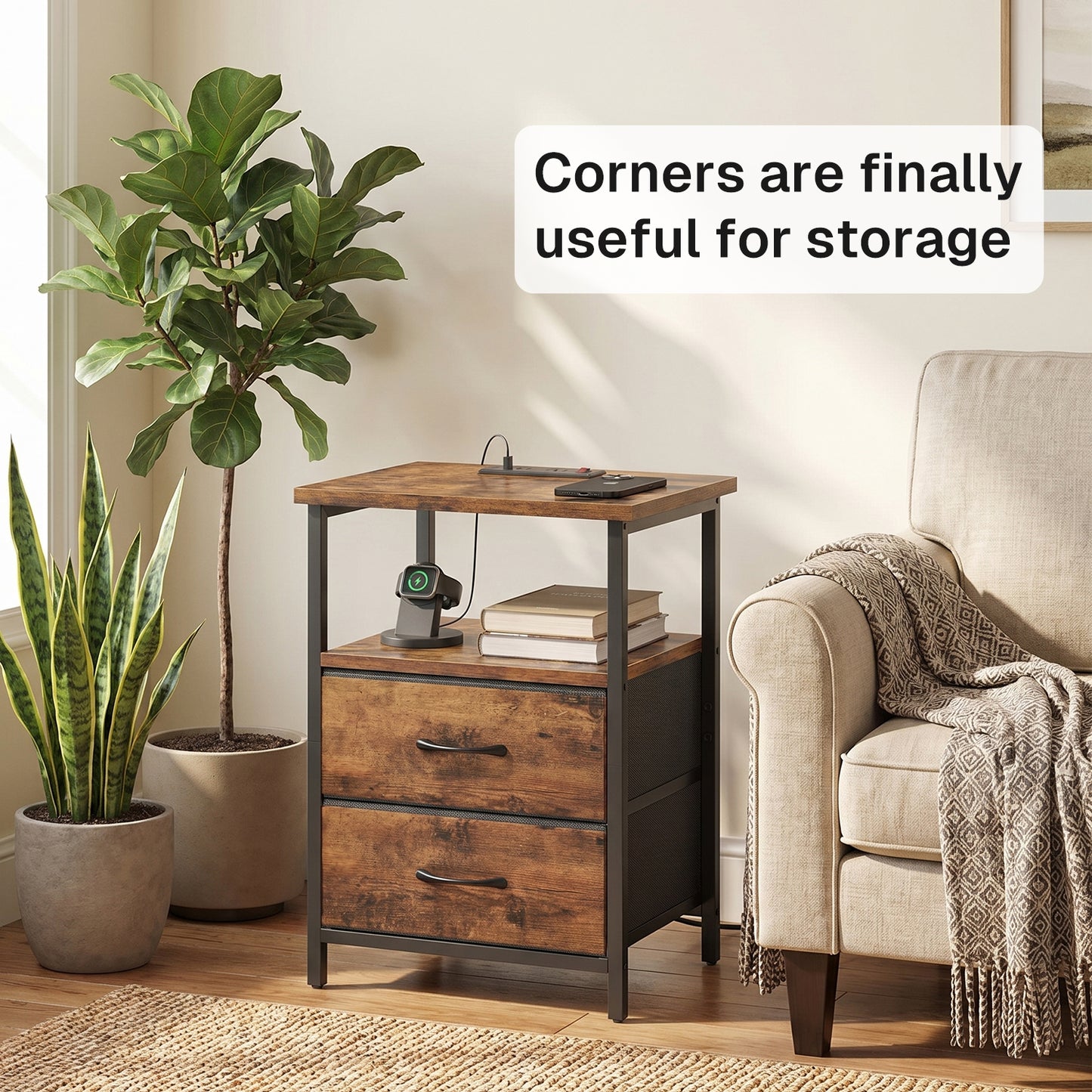 Behome Nightstand with Charging Station, Bedside Table with Storage, End Tables with USB Ports and Outlets for Bedroom, Living Room,Rustic Brown